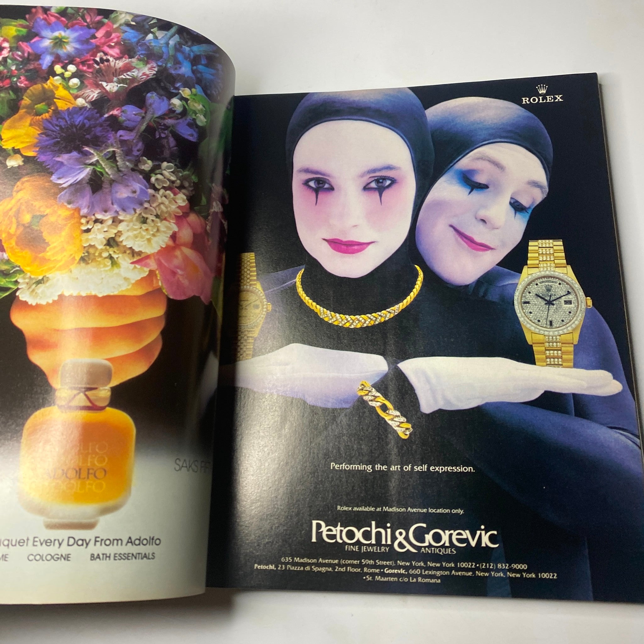 Town & Country Magazine November 1985 featuring a striking advertisement of two performers in black attire showcasing jewelry and watches, emphasizing self-expression. No Label.