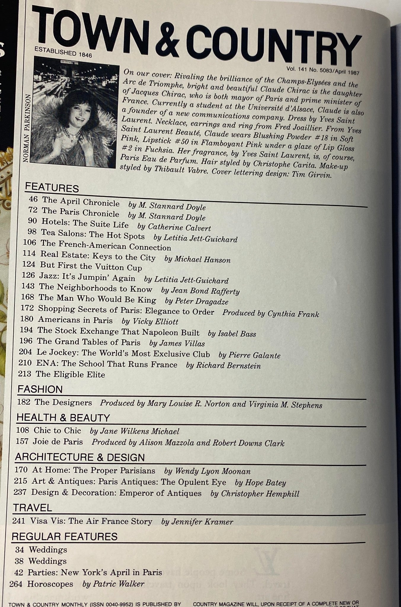 Contents page of Town & Country Magazine April 1987 listing featured articles and regular features, highlighting fashion, beauty, architecture, and travel.
