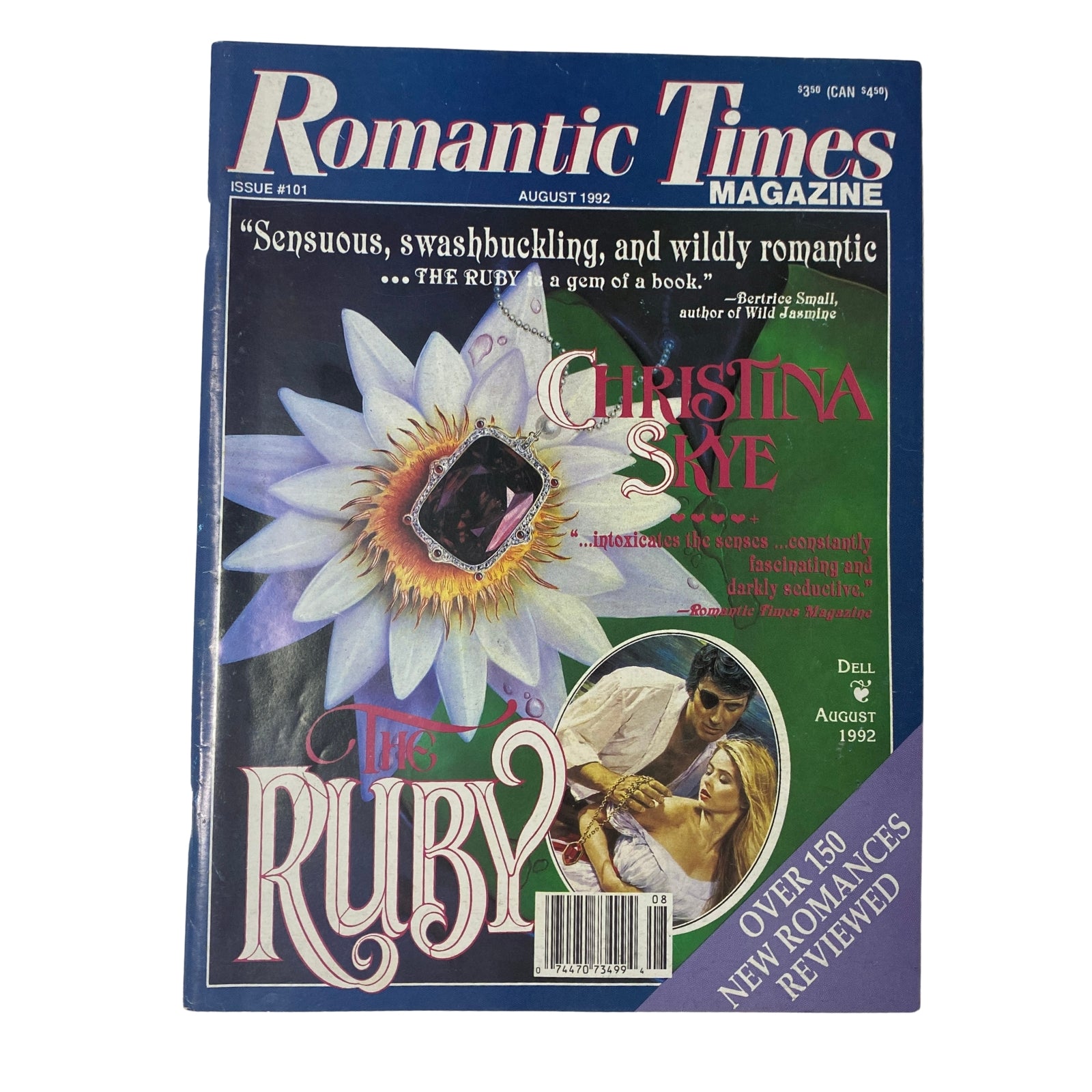 Romantic Times Magazine August 1992 featuring Christina Skye's 'The Ruby' on the cover, showcasing a vibrant floral design with a teardrop ruby, highlighting romance literature.
