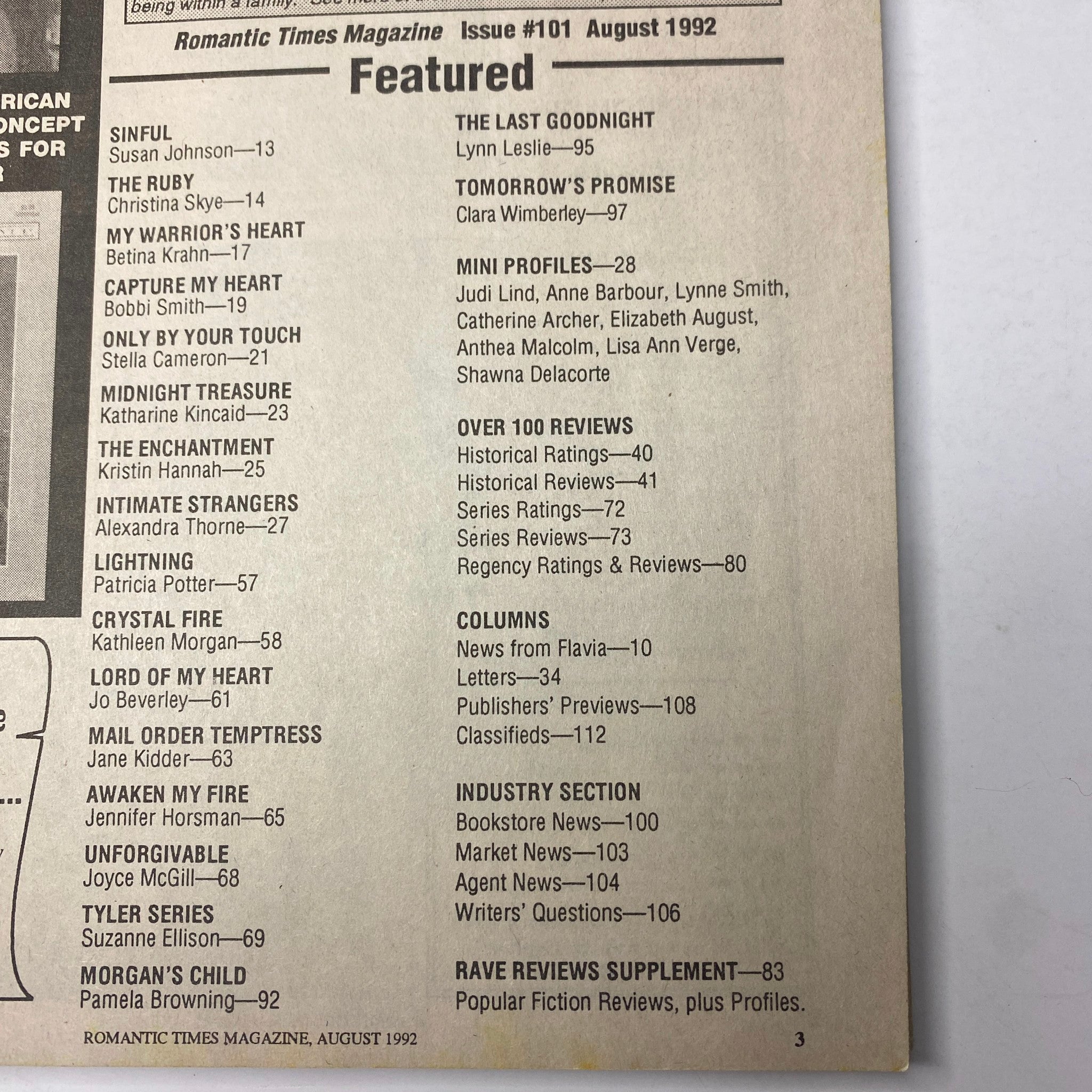 Table of contents for Romantic Times Magazine August 1992, detailing featured authors, book reviews, and industry insights, emphasizing key articles and highlights of the issue.