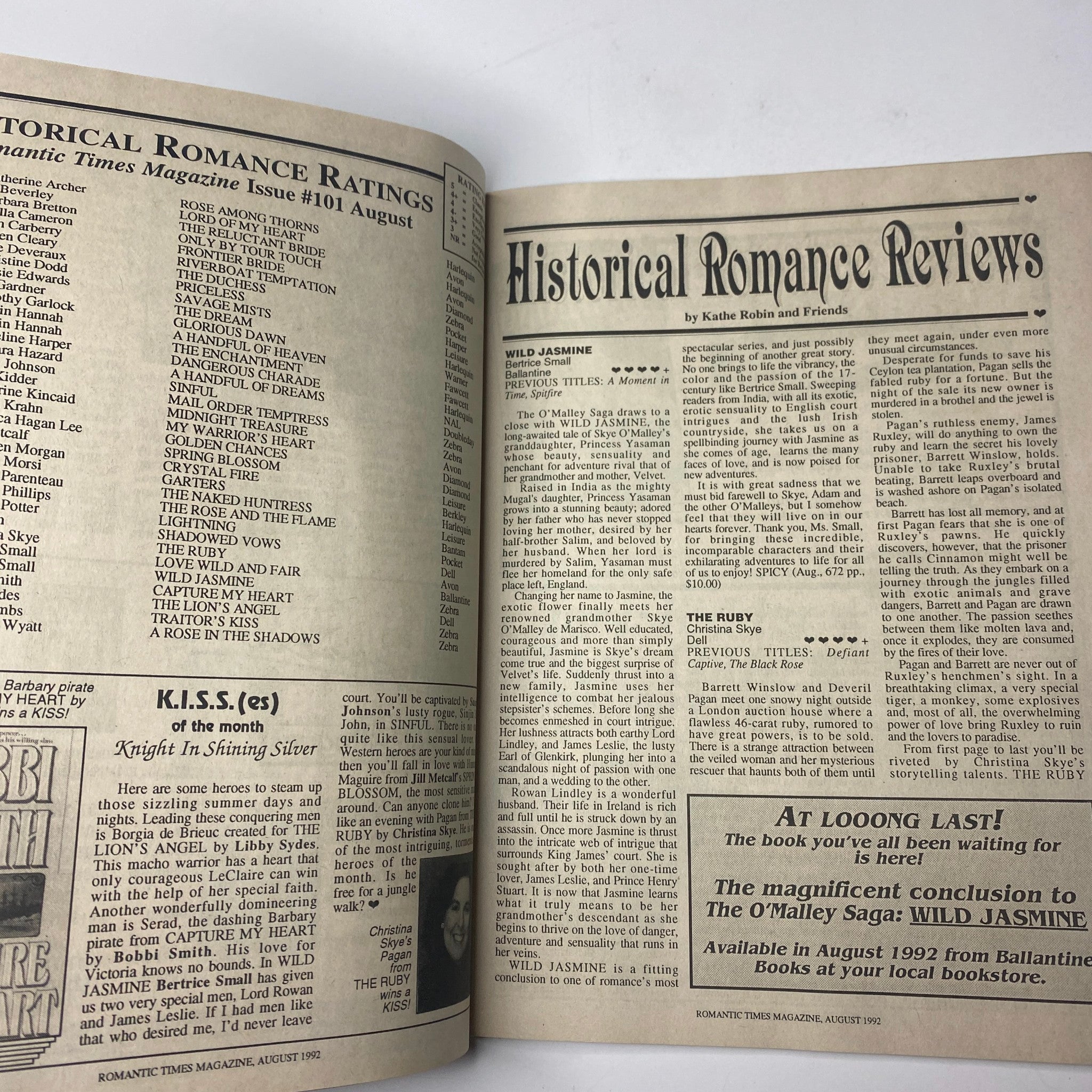 Inside pages of Romantic Times Magazine August 1992 showcasing historical romance reviews, featuring 'The Ruby' by Christina Skye among other romance novels.