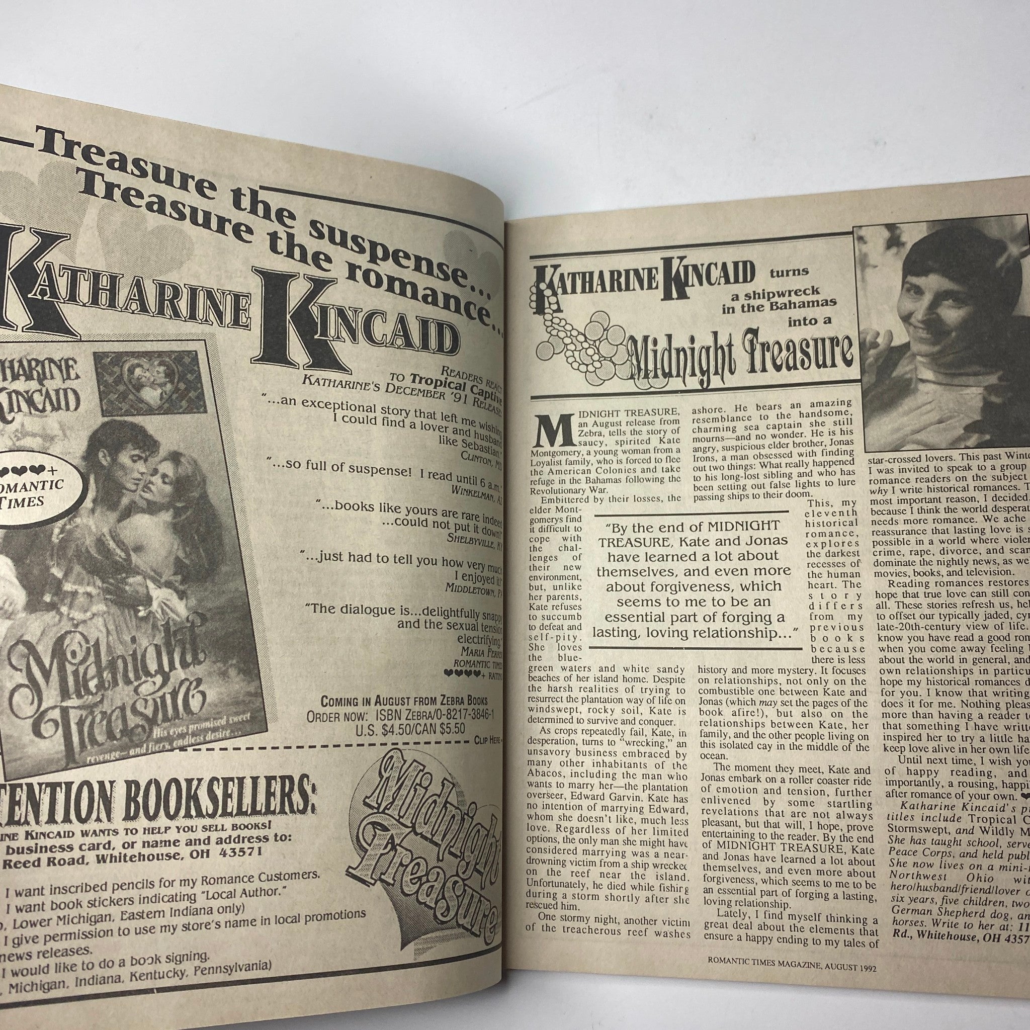 Another spread from Romantic Times Magazine August 1992, presenting ad for 'Midnight Treasure' by Katharine Kincaid, emphasizing romance literature advertisements.