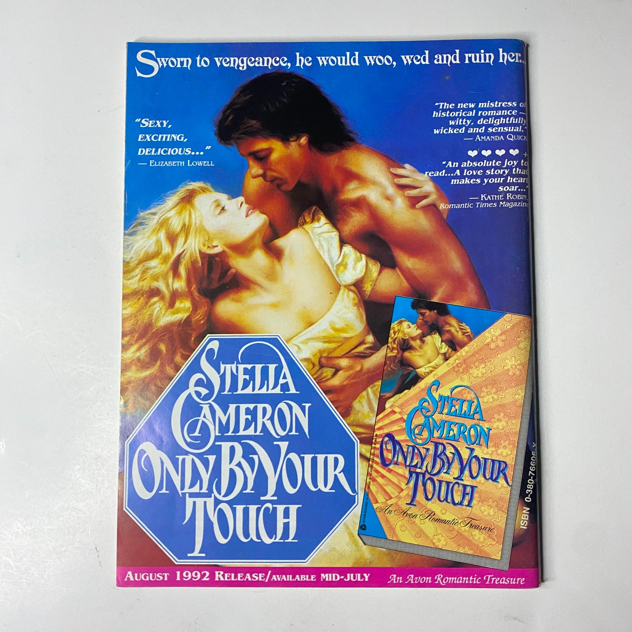 Cover of Romantic Times Magazine August 1992 featuring the title 'Only By Your Touch' by Stella Cameron, showcasing a romantic illustration with a man and woman, emphasizing themes of passion and romance.