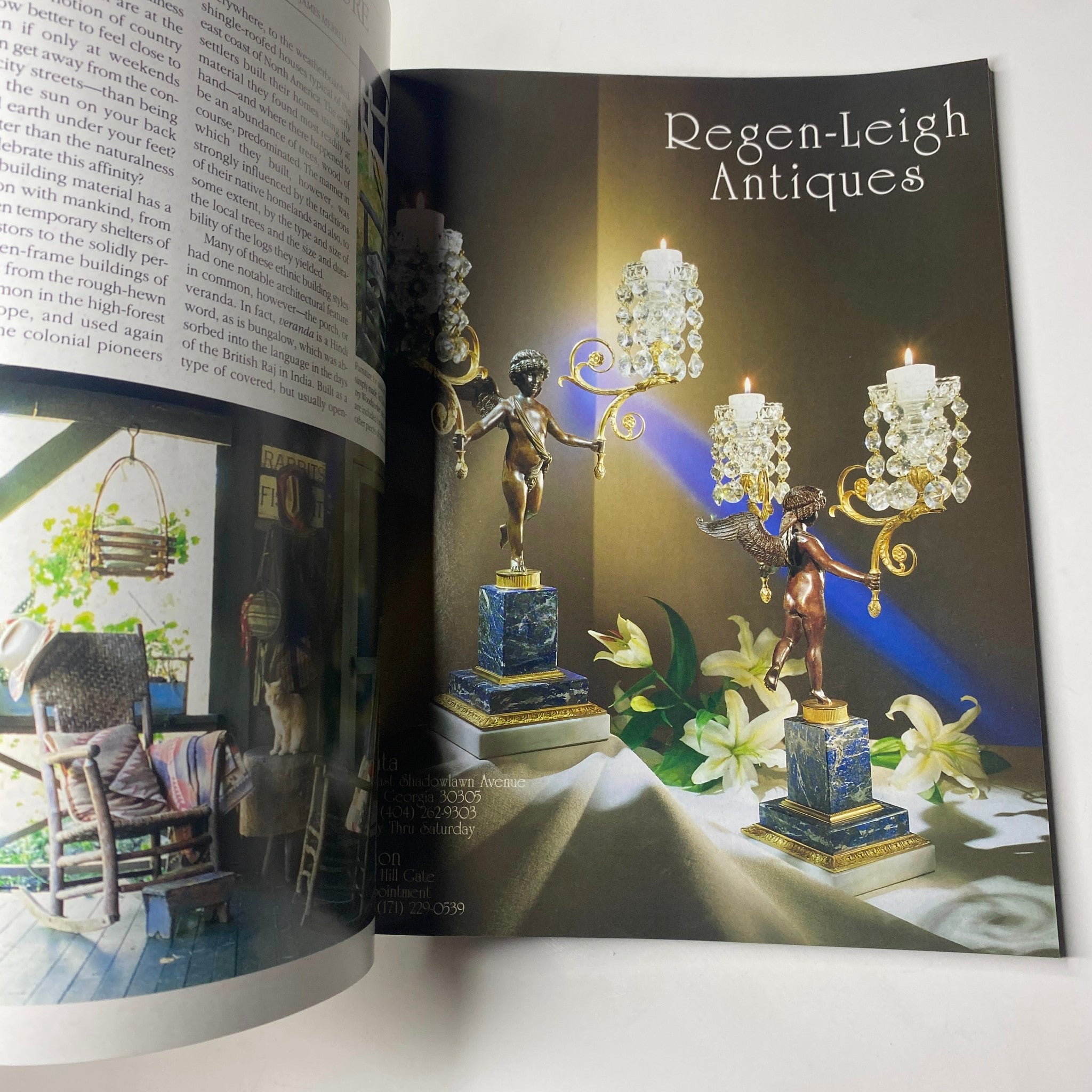 Interior page of Veranda Magazine Summer 1996 showcasing vintage lighting from Regen-Leigh Antiques, highlighting elegant home decor.