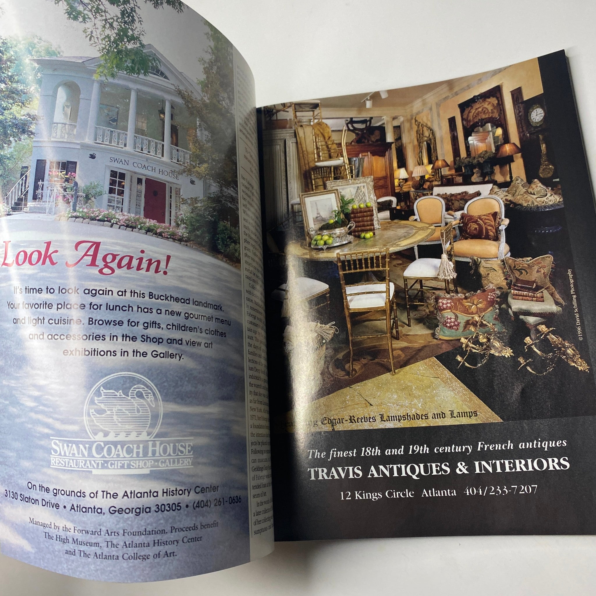 Interior page of Veranda Magazine Summer 1996 featuring the Swan Coach House restaurant and details of exquisite antiques at Trays Antiques & Interiors.