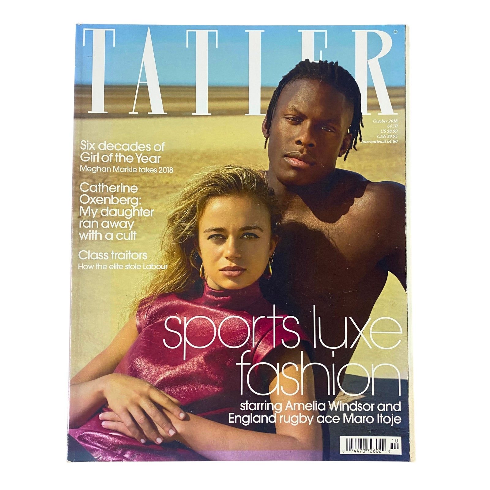 Tatler Magazine October 2018 cover featuring Amelia Windsor and Maro Itoje, highlighting sports luxe fashion and featuring Meghan Markle as Girl of the Year.