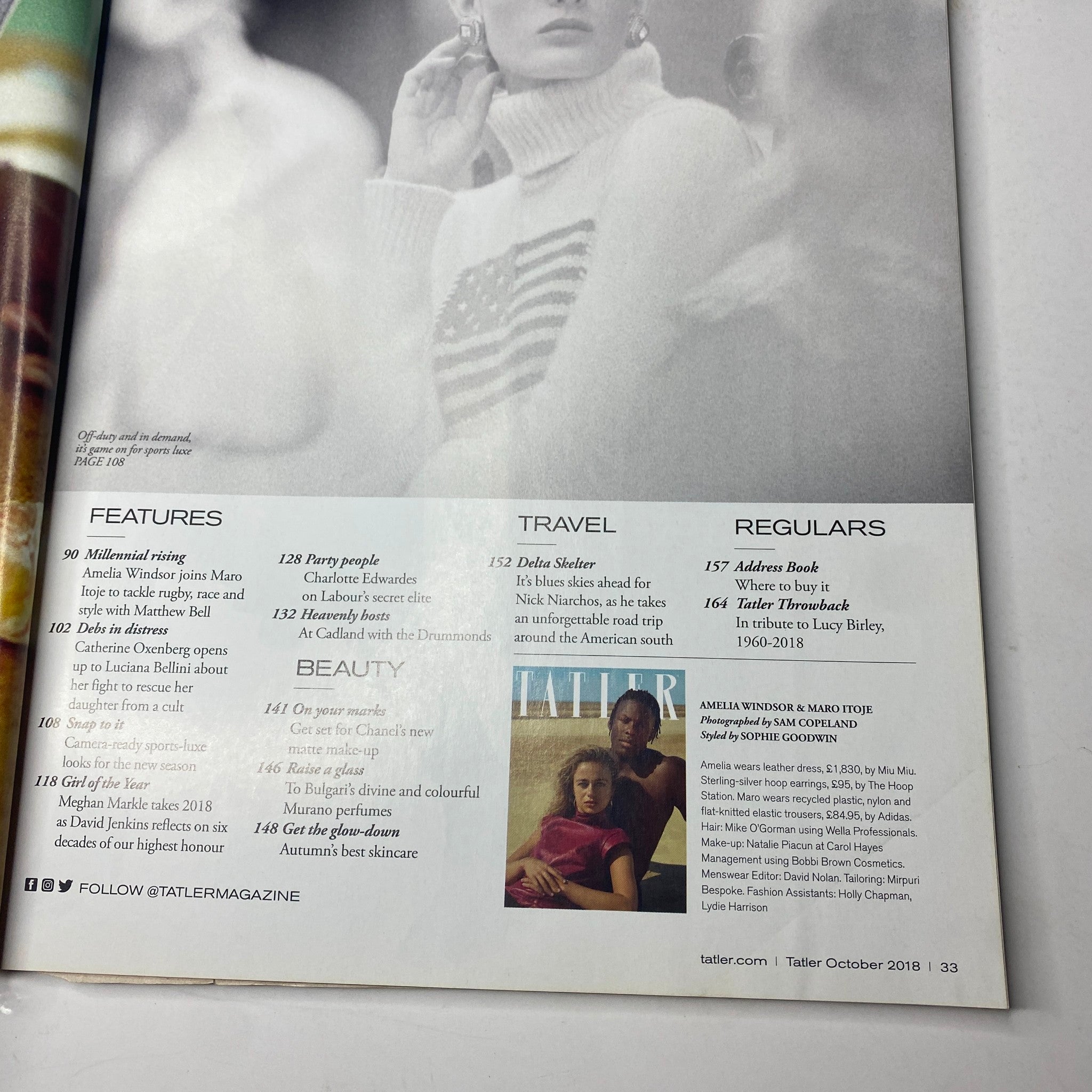 Inside page of Tatler Magazine October 2018 showcasing features on fashion, travel, and regulars, including an article by Catherine Oxenberg.