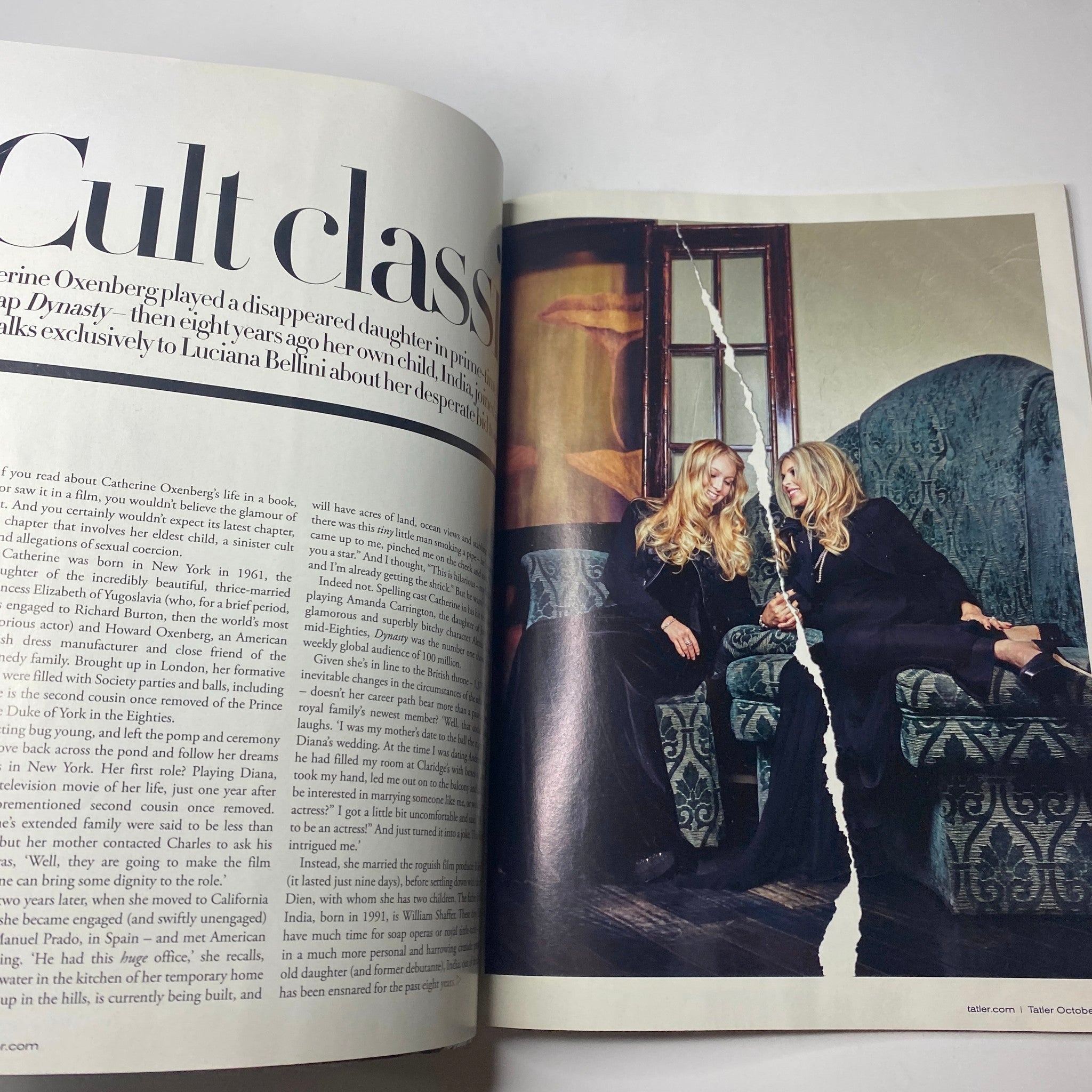 Article page from Tatler Magazine October 2018 discussing Catherine Oxenberg and her mission related to the cult experience, illustrated with stylish imagery.