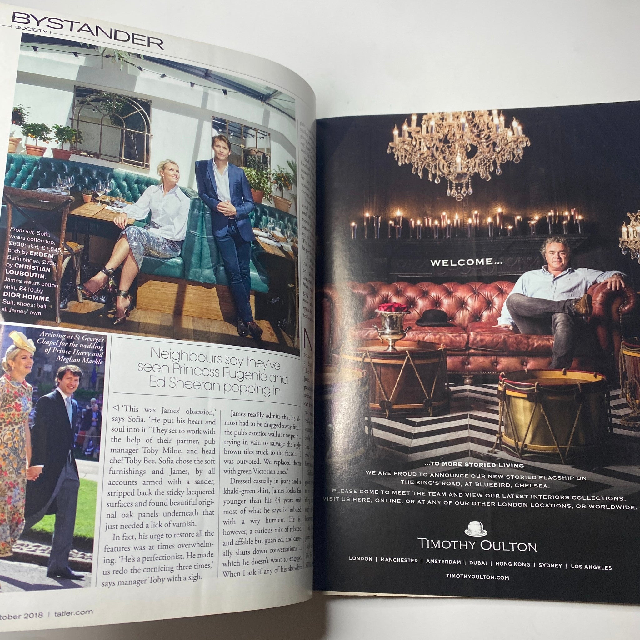 Bystander page from Tatler Magazine October 2018 highlighting social events and personalities, featuring a stylish atmosphere and recognizable contemporary spaces.