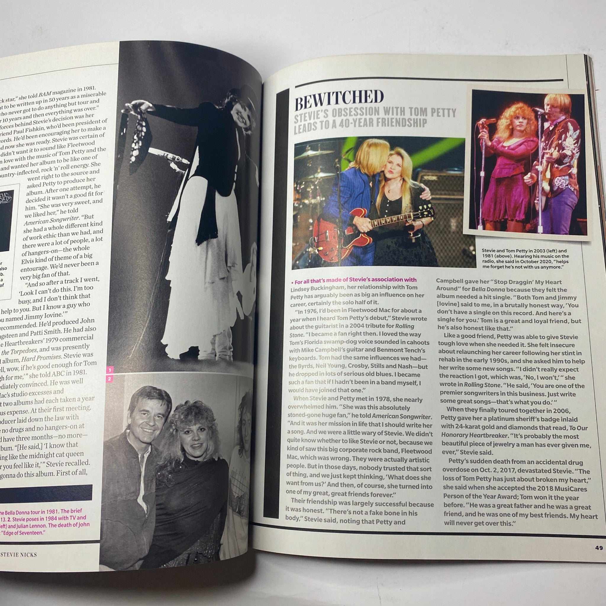 Inside page of the Music Spotlight Collector's Edition 2021 showcasing the article 'Bewitched' about Stevie Nicks' long-time friendship with Tom Petty, with accompanying images.