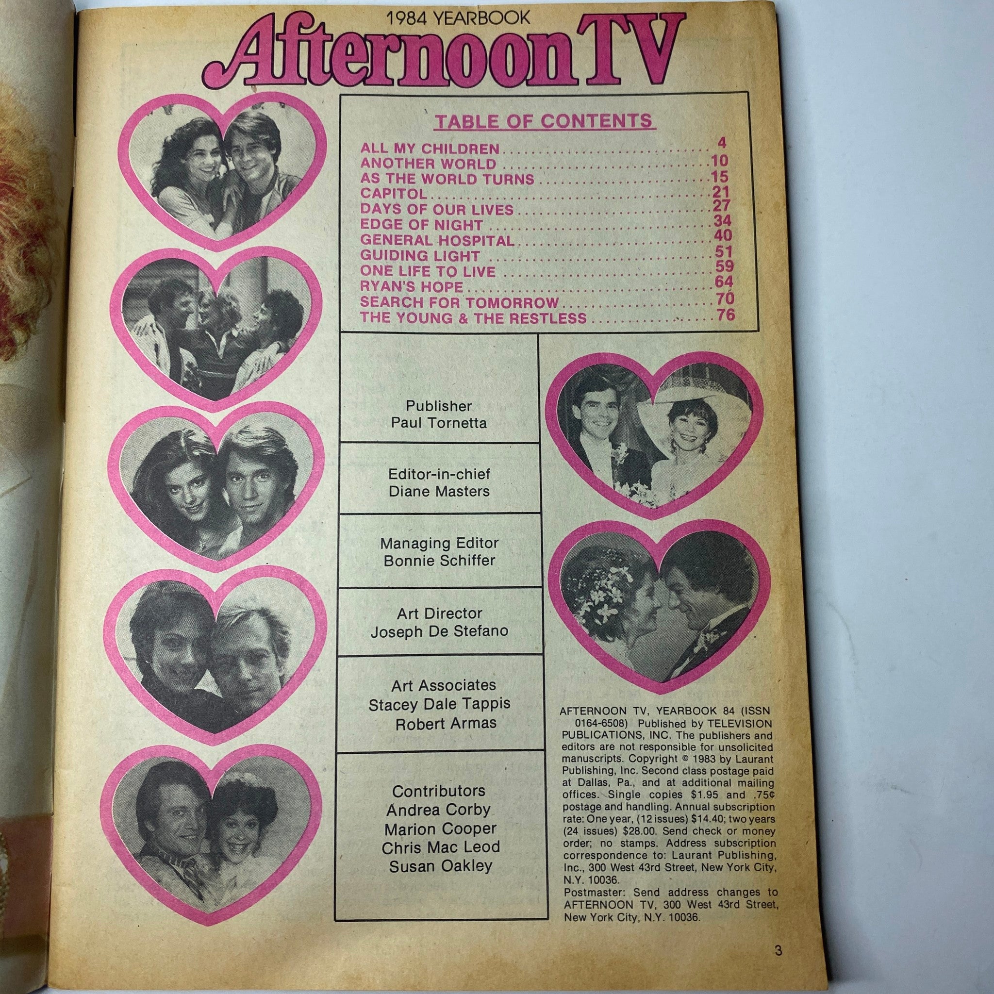 Table of contents from the 1984 Afternoon TV Yearbook, listing major soap operas such as All My Children and General Hospital.