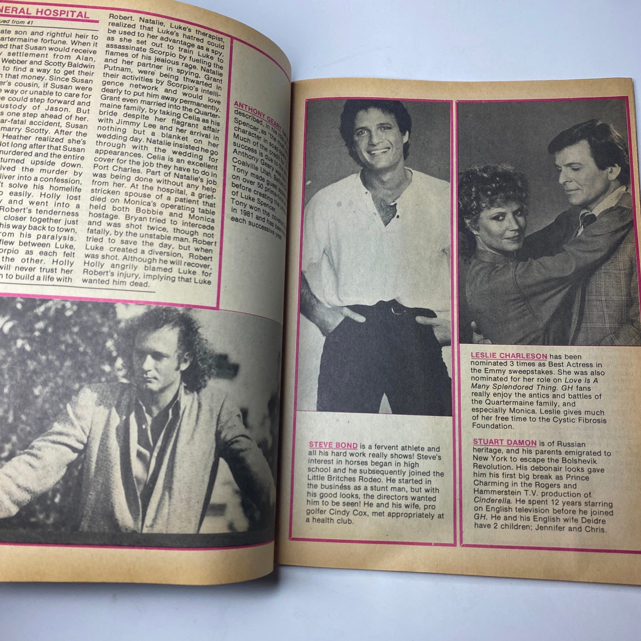 Inside page from the 1984 Afternoon TV Yearbook featuring profiles of Steve Bond and Leslie Charleson, key figures from General Hospital.