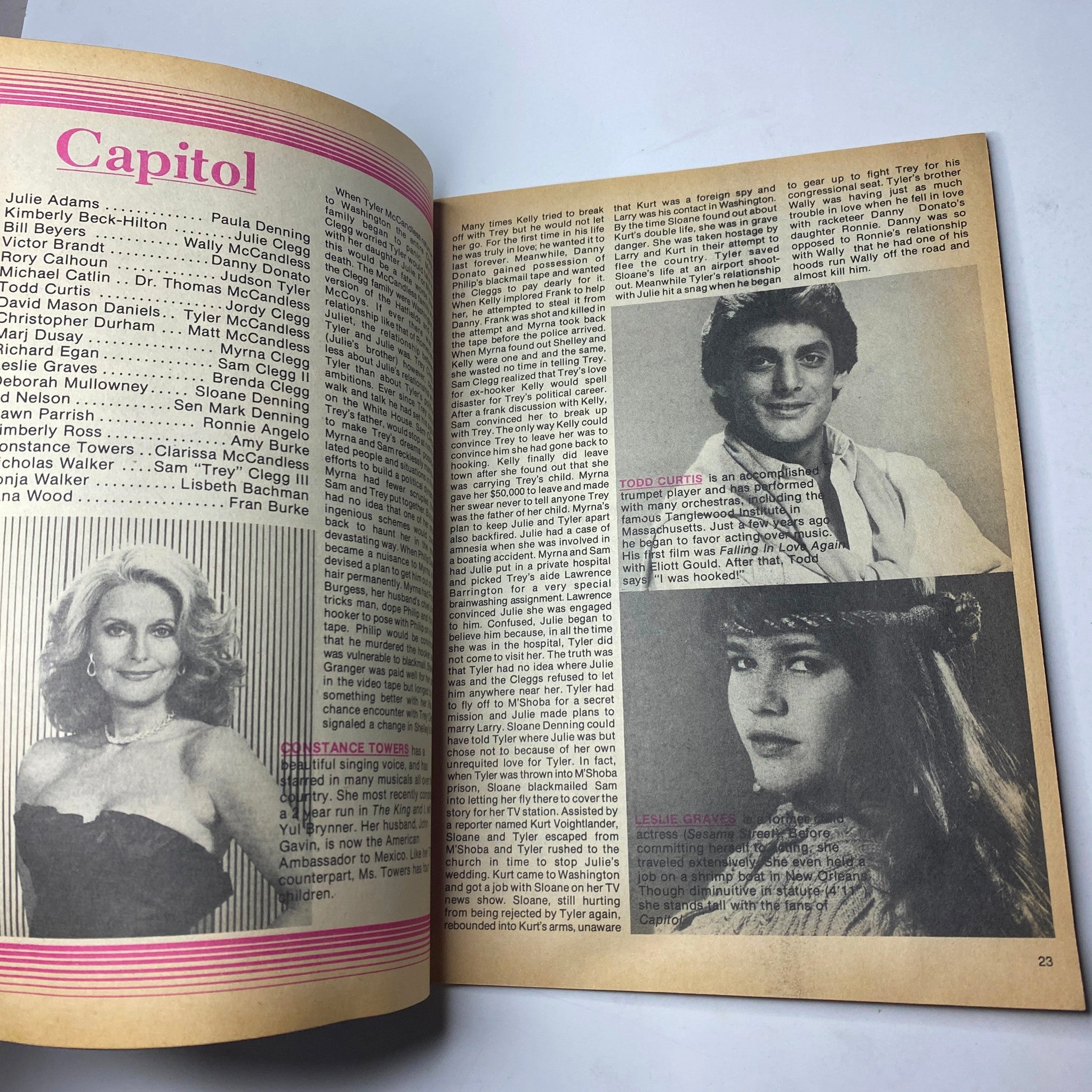 Inside page from the 1984 Afternoon TV Yearbook showcasing cast members from the soap opera Capitol, highlighting character backgrounds and details.