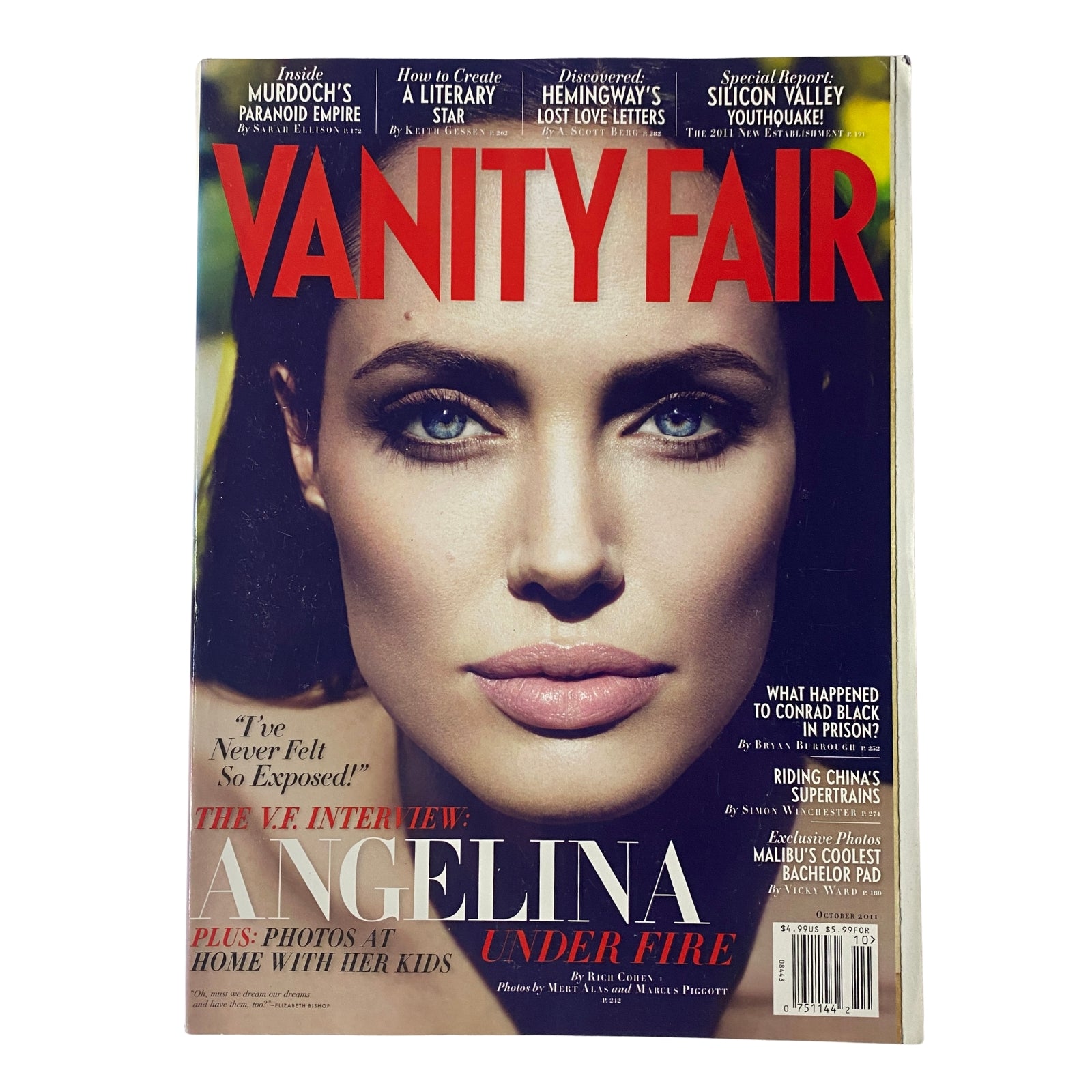 Cover of Vanity Fair Magazine October 2011 featuring Angelina Jolie with the title "Vanity Fair Magazine October 2011 Angelina Jolie Cover No Label VG" showcasing her striking portrait and the issue's highlights.