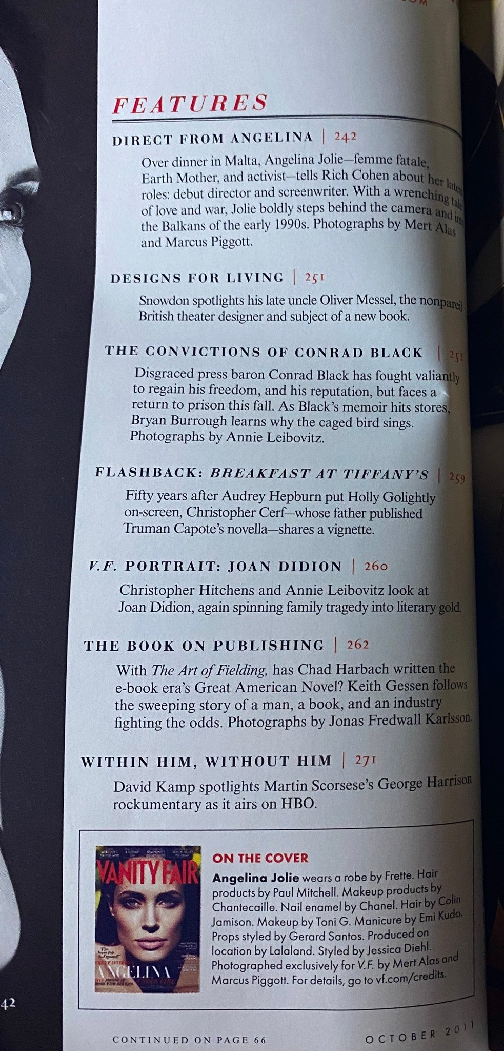 Inside features of Vanity Fair Magazine October 2011 showcasing the table of contents with articles about Angelina Jolie and others, titled "Vanity Fair Magazine October 2011 Angelina Jolie Cover No Label VG".
