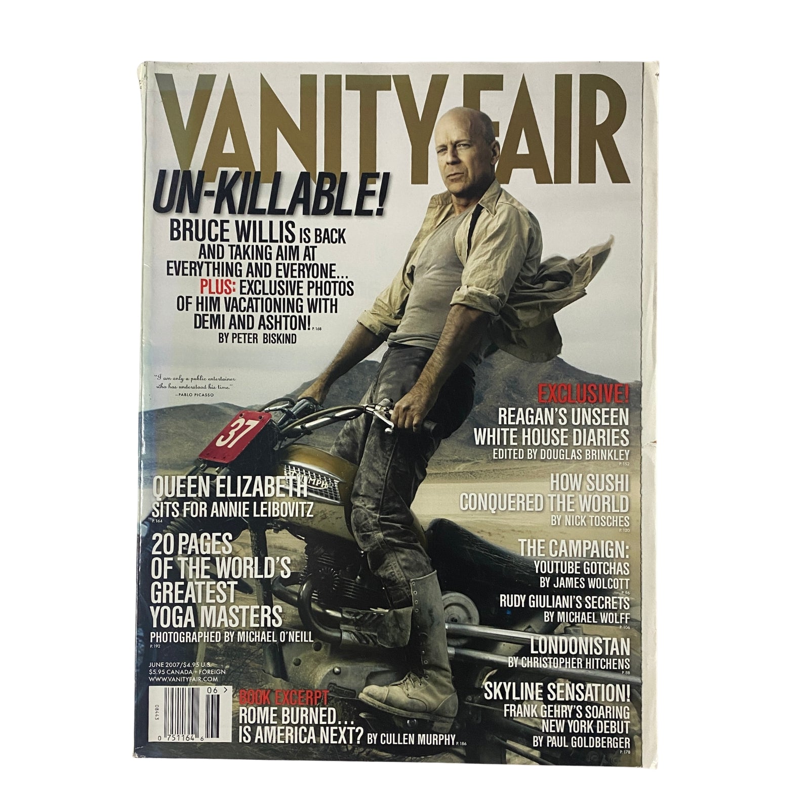 Vanity Fair Magazine June 2007 cover featuring Bruce Willis on a motorcycle, with the title 'UN-KILLABLE!' highlighting an exclusive interview. The magazine is in very good condition with no label.
