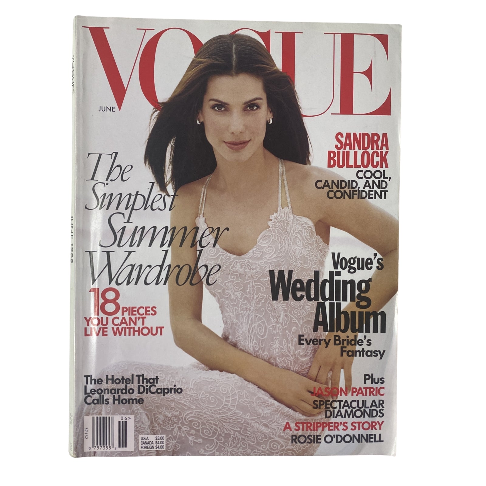 Vogue Magazine June 1998 features Sandra Bullock on the cover with the headline 'Cool, Candid, and Confident'. The magazine emphasizes summer fashion and includes a wedding album section, highlighting bridal trends.