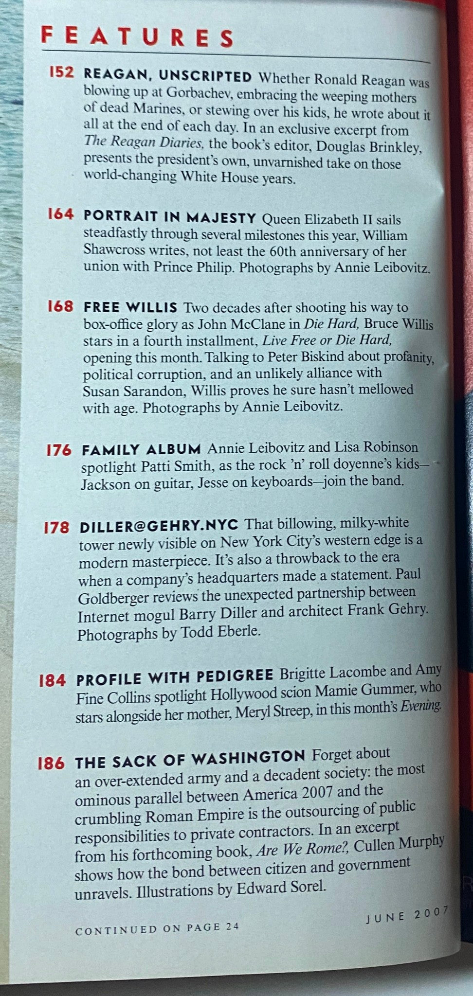 Inside features page of Vanity Fair Magazine June 2007, showcasing highlights of the articles including 'Reagan, Unscripted,' 'Portrait in Majesty,' and 'Free Willis' featuring Bruce Willis.