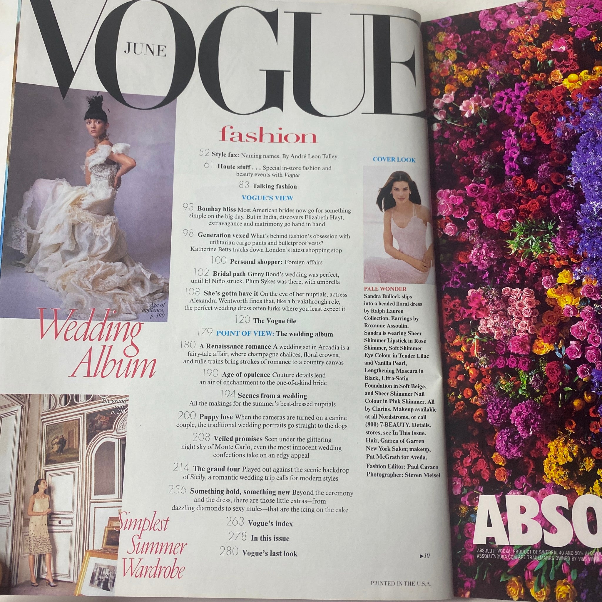 Inside page of Vogue Magazine June 1998 showcasing a wedding album feature. The layout includes a model in wedding attire, alongside vibrant floral backgrounds and a structured content overview, highlighting the elegance of bridal fashion.