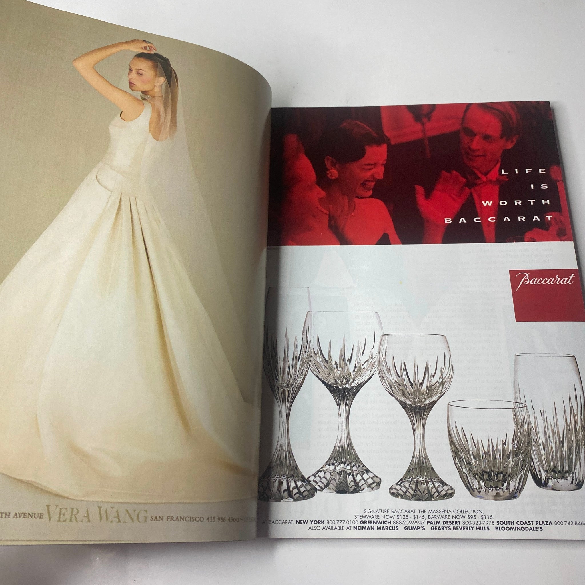 Vogue Magazine June 1998 Sandra Bullock Cover No Label VG showcasing a Vera Wang bridal gown with Baccarat glassware advertisement.