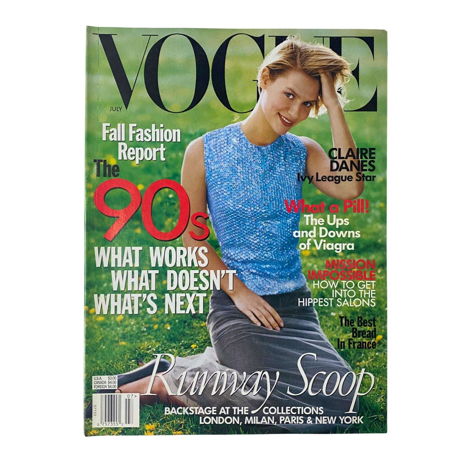Cover of Vogue Magazine July 1998 featuring Claire Danes, highlighting fashion insights with a focus on 90s trends and runway scoop.