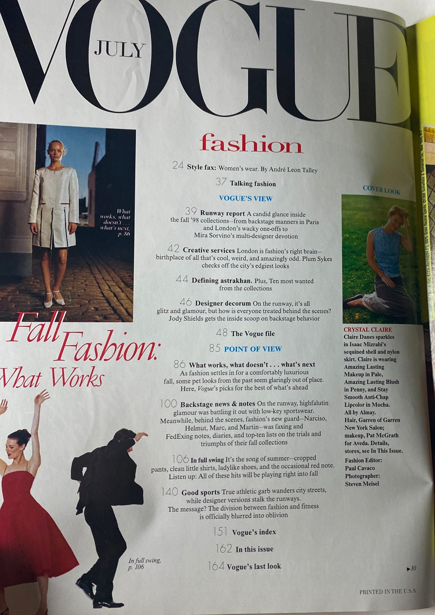 Inside page of Vogue Magazine July 1998 showcasing fashion articles, including the Style Fax by André Leon Talley and report on Fall Fashion.