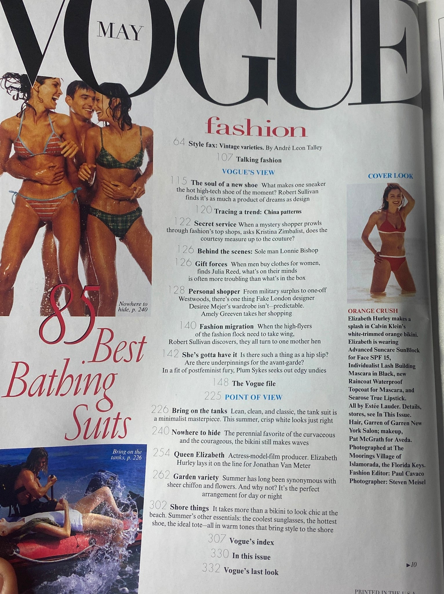 Inside page of Vogue Magazine May 1998 showing a contents list, including features like 'Talking Fashion', 'Queen Elizabeth', and 'Bring on the Tanks' highlighting fashion trends.
