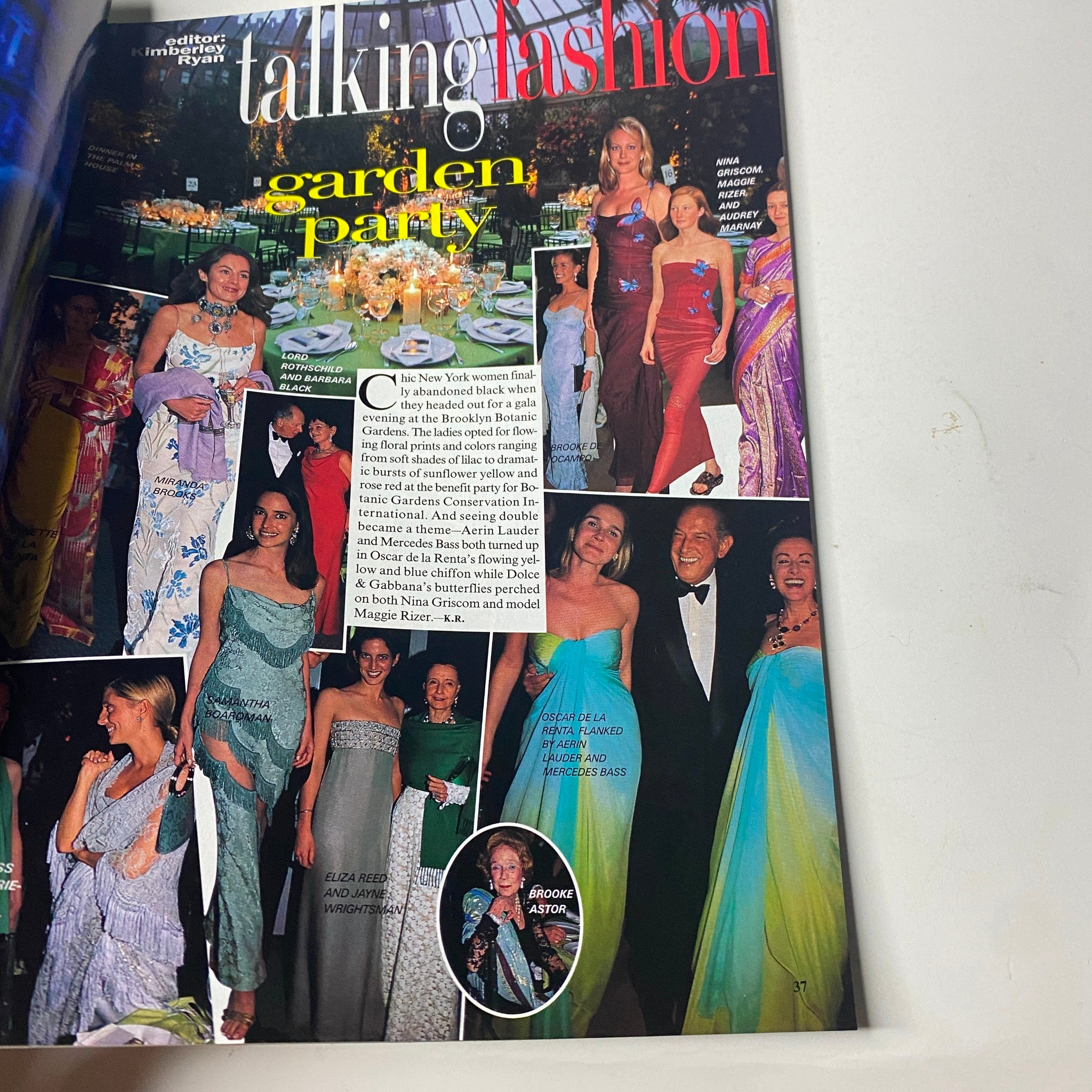 Another interior page from Vogue Magazine July 1998 detailing the Talking Fashion section with images from a glamorous garden party event.