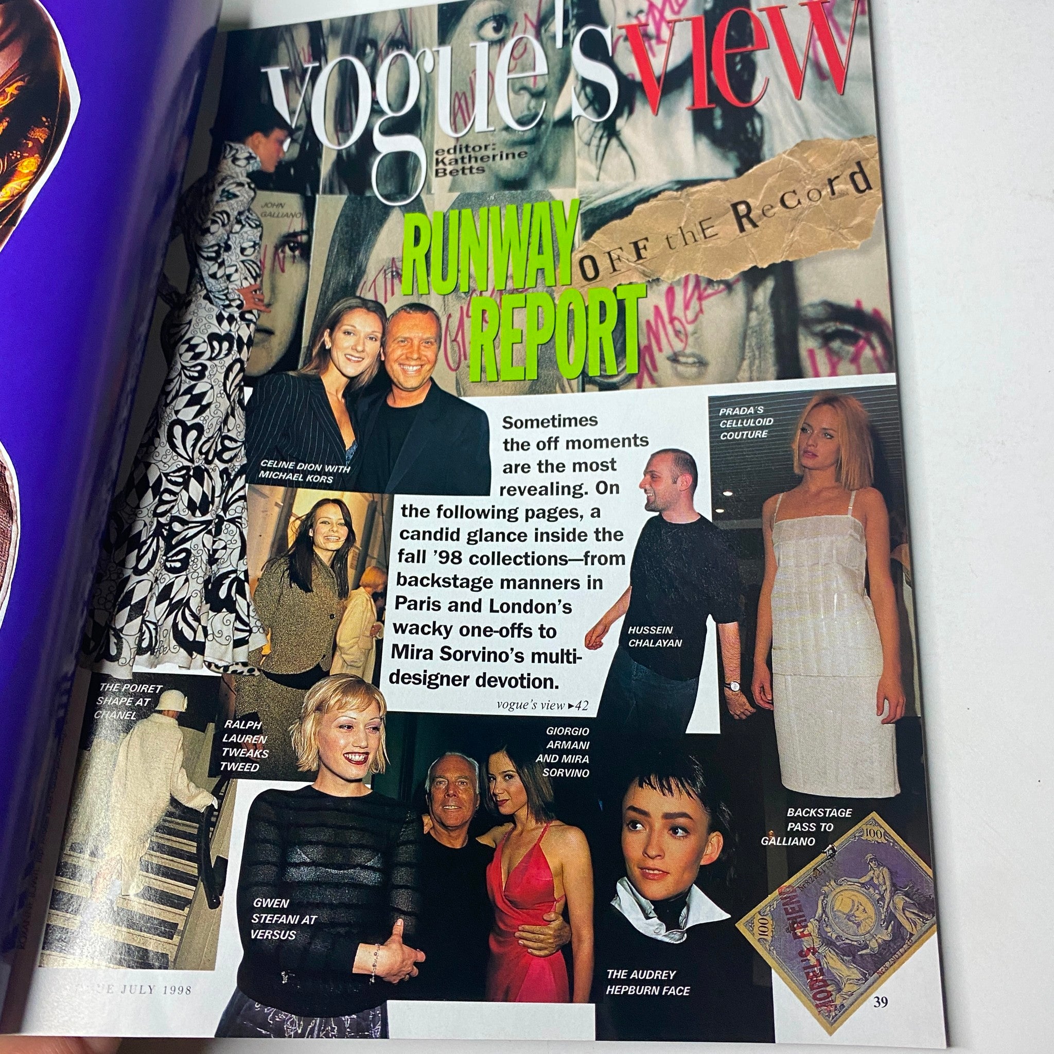 Vogue Magazine July 1998 Claire Danes Cover No Label VG - Featuring a collage of fashion moments from the '98 collections with images and highlights from runway reports.