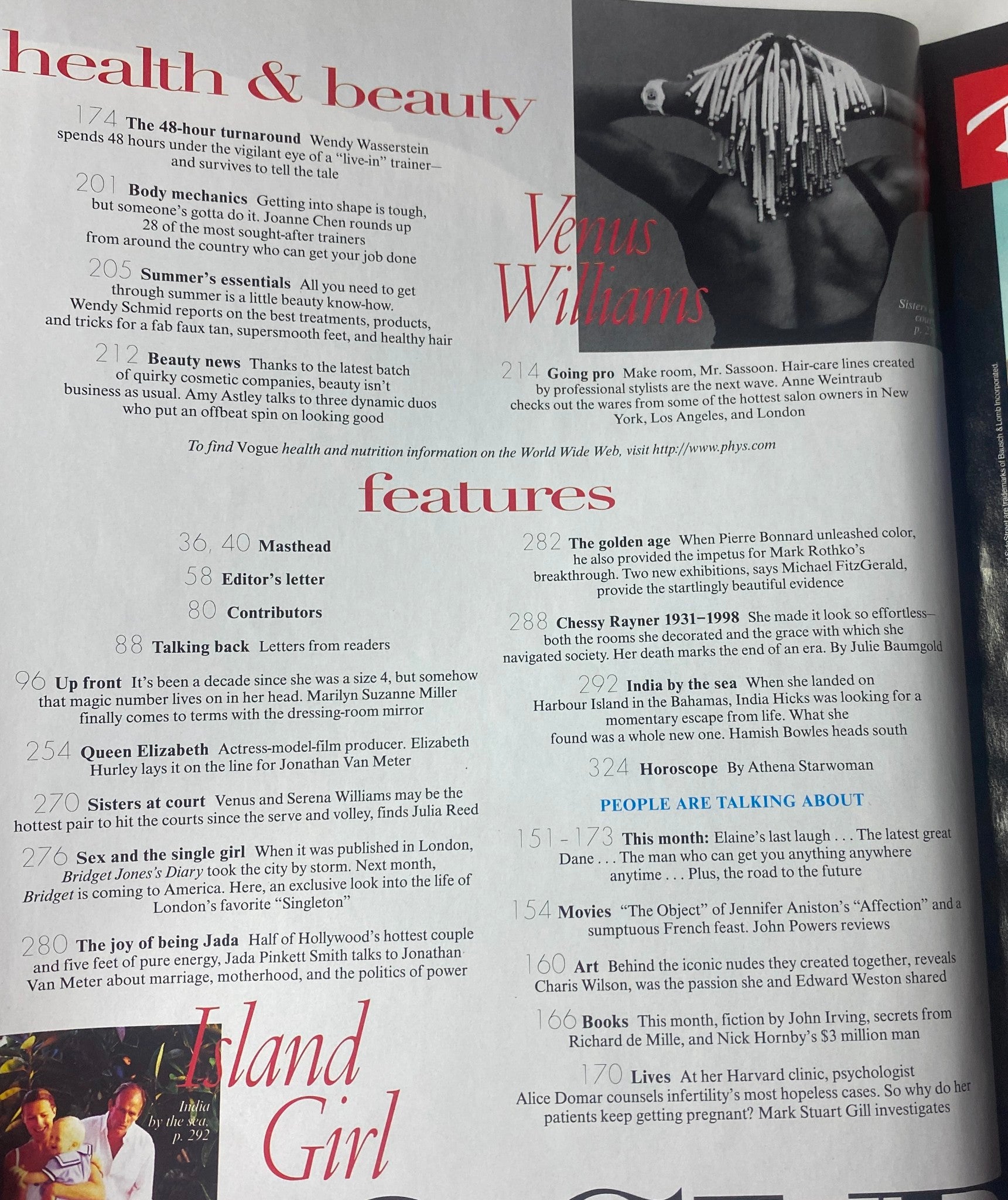 Another interior page of Vogue Magazine May 1998 detailing health and beauty sections, featuring Venus Williams and articles on hair care and summer beauty.