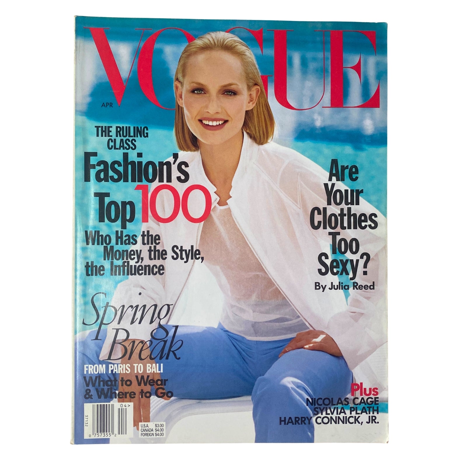 Vogue Magazine April 1998 featuring Amber Valletta on the cover, highlighted with the title 'Fashion's Top 100' and the question 'Are Your Clothes Too Sexy?' alongside articles on fashion trends and features.