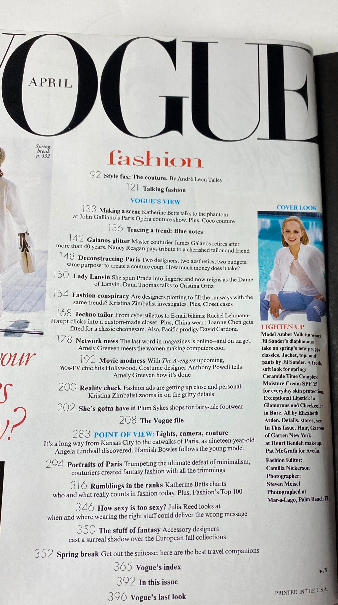 Contents page of Vogue Magazine April 1998, detailing featured articles including 'Vogue's View' with a focus on fashion events and cultural commentary.