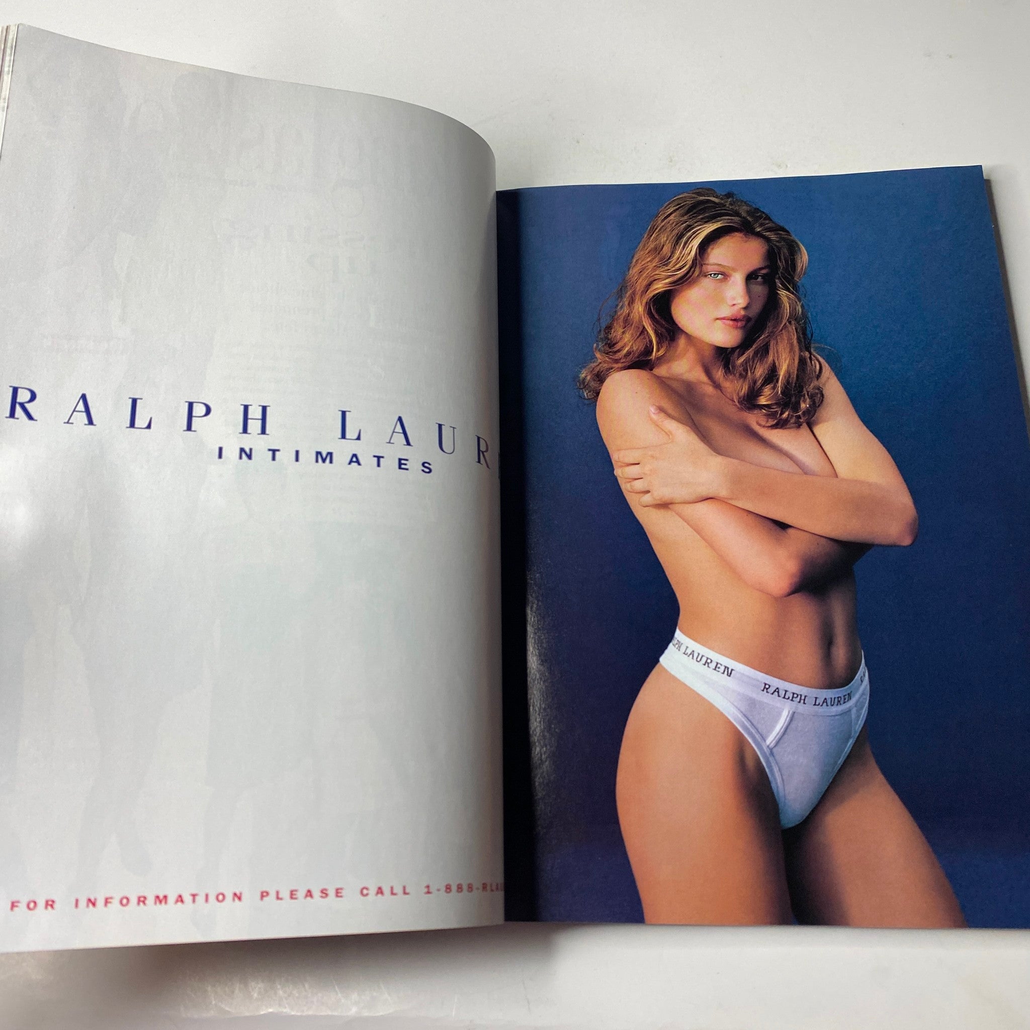 Fashion advertisement showcasing a model in Ralph Lauren intimates, emphasizing elegance and style. Vogue Magazine April 1998 Amber Valletta Cover No Label VG.