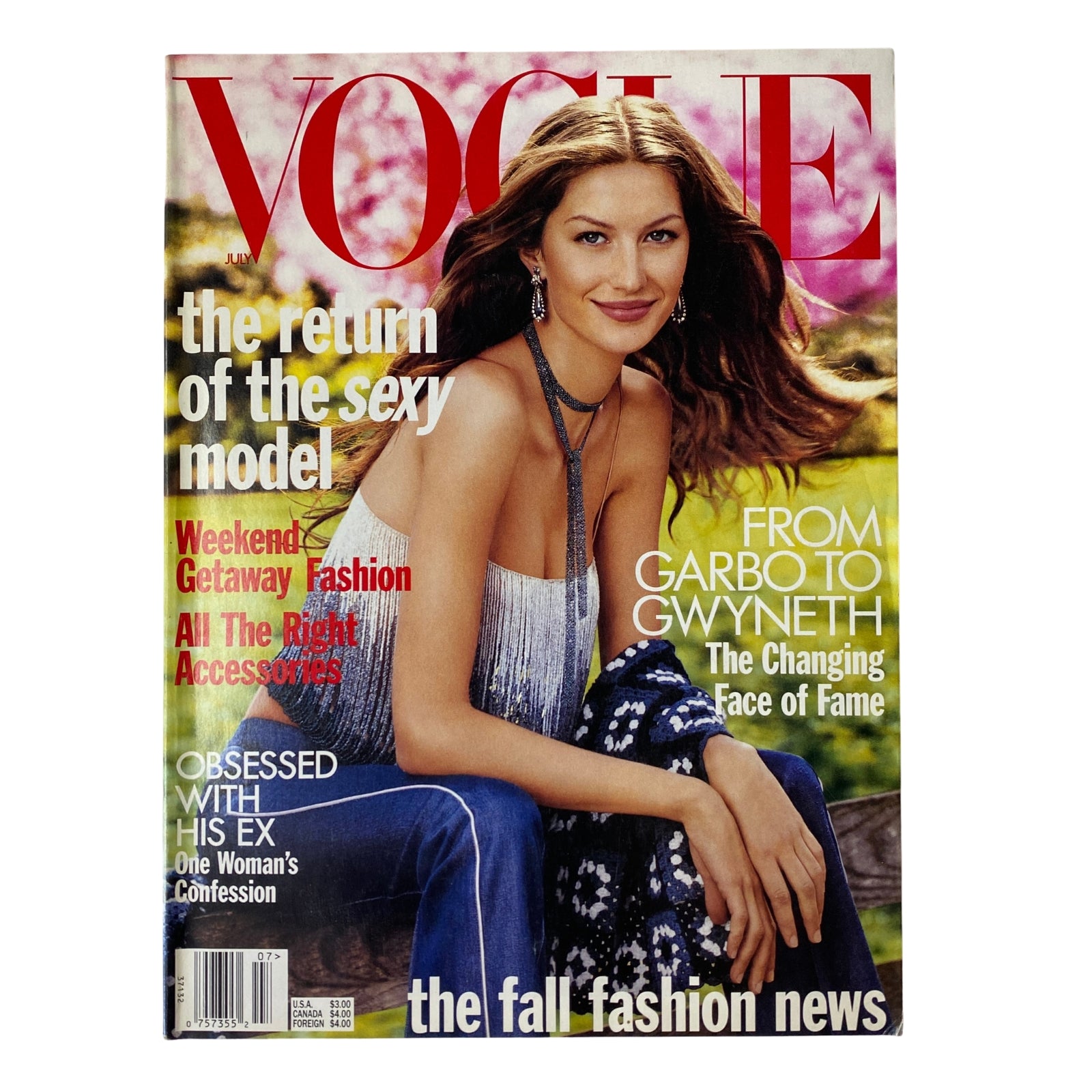 Vogue Magazine July 1999 featuring Gisele Bündchen on the cover, showcasing the theme 'The Return of the Sexy Model'.