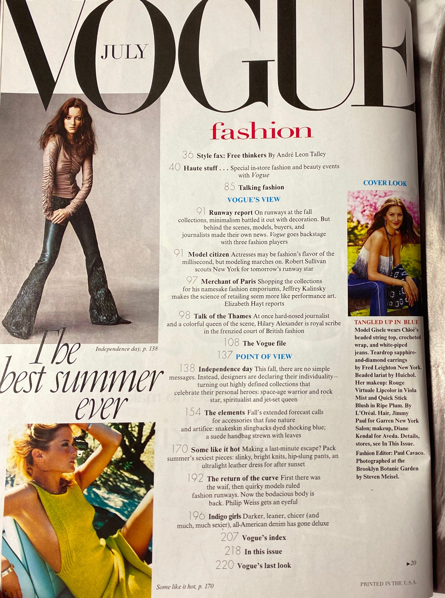 Inside page of Vogue Magazine July 1999 highlighting fashion features including 'Runway Report' and 'Point of View'.