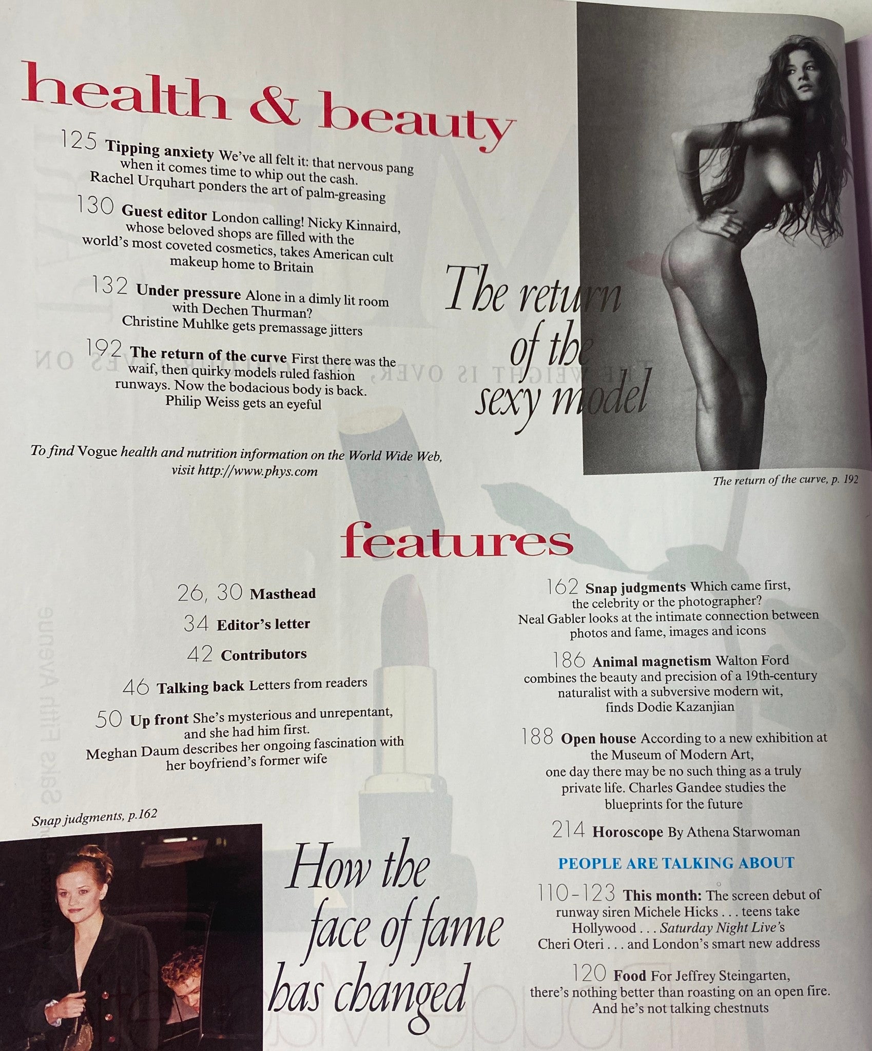 Vogue Magazine July 1999 health and beauty feature page discussing 'Tipping Anxiety' and 'The Return of the Sexy Model'.