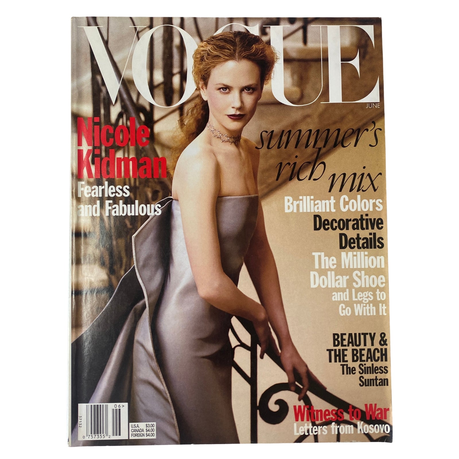 Cover of Vogue Magazine June 1999 featuring Nicole Kidman with the headline 'Summer's Rich Mix'. The magazine highlights fashion and cultural commentary, showcasing Kidman's elegance.
