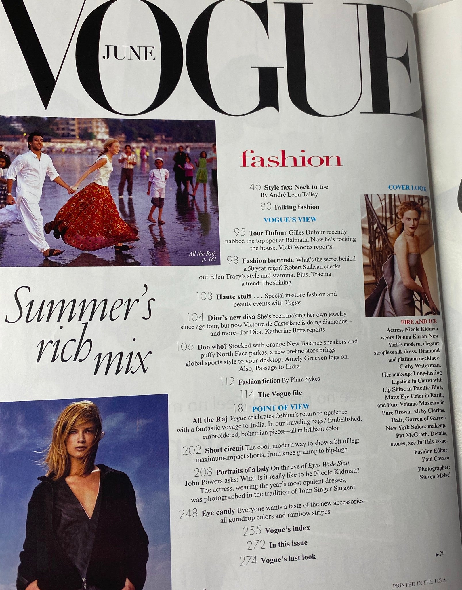 Inside spread of Vogue Magazine June 1999 showing the table of contents, highlighting fashion articles including 'Tour Dufour' and 'Summer's Rich Mix'. Featuring Nicole Kidman on the cover prominently.