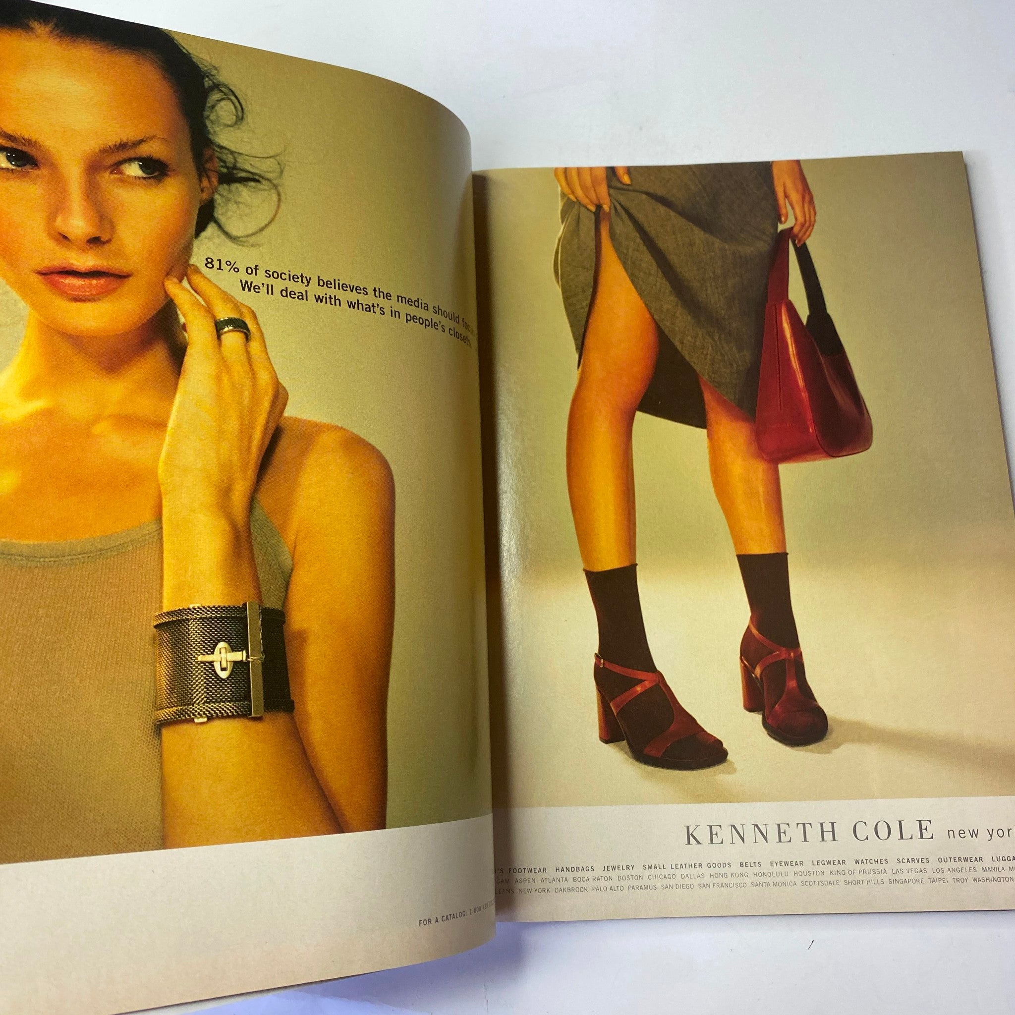 Vogue Magazine June 1999 double-page spread showcasing a model in Kenneth Cole fashion, emphasizing style trends and accessories.