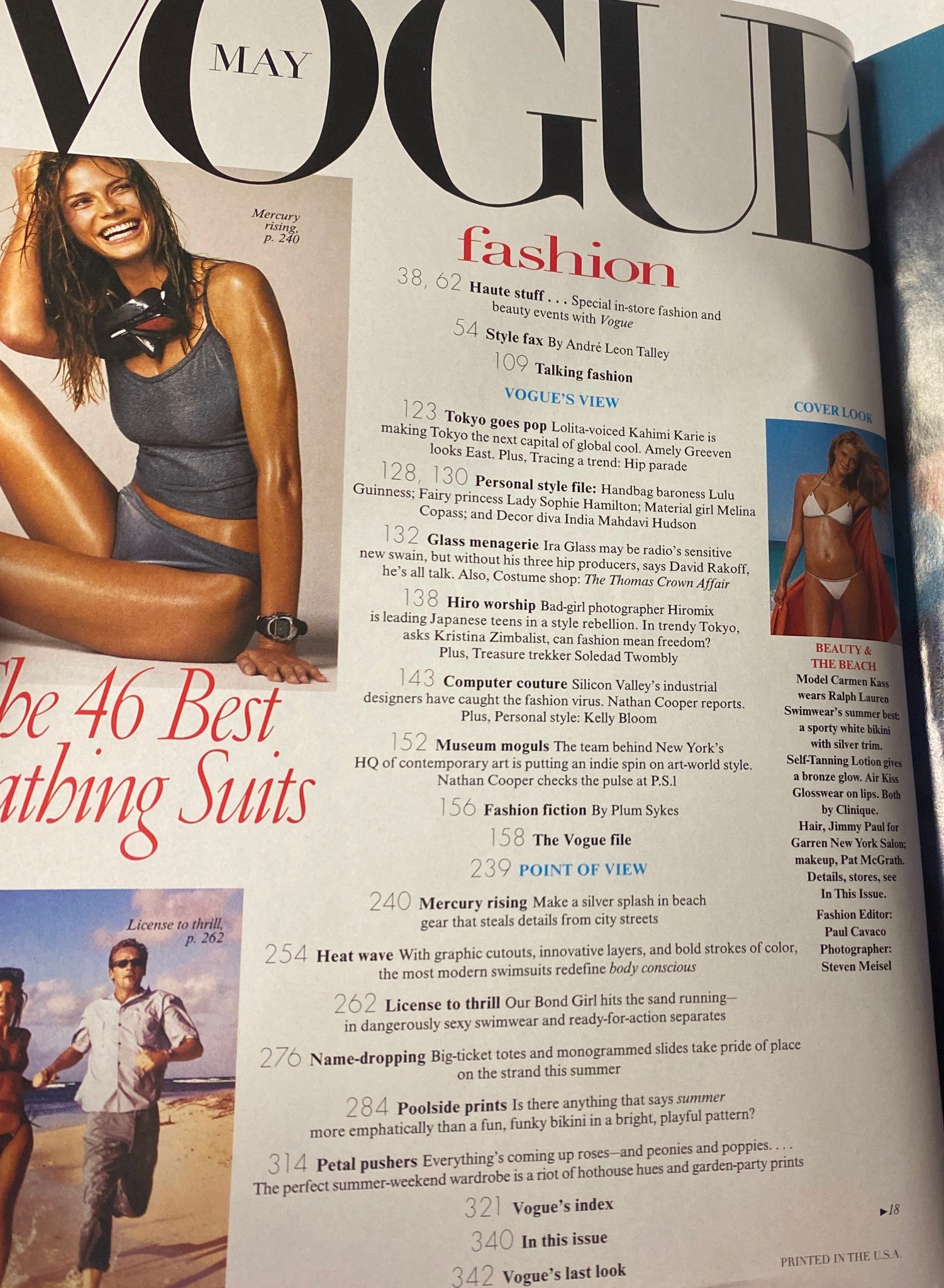 Interior page of Vogue Magazine May 1999 showcasing a fashion section with swimsuit styles and details including the contents list for the issue, emphasizing the summer fashion theme.