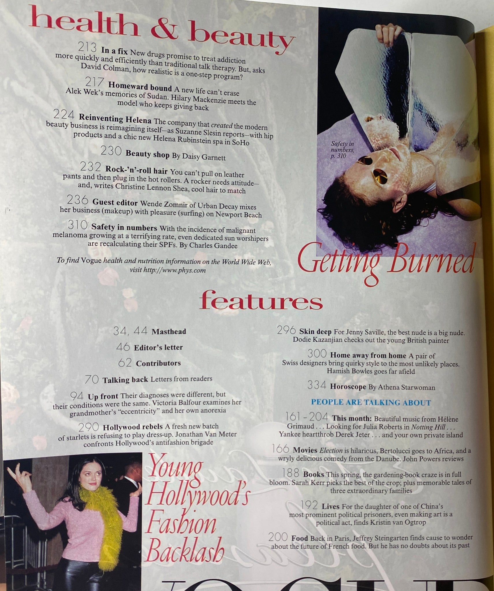 Health and Beauty section from Vogue Magazine May 1999 featuring articles on drug therapies, personal reflections from Alek Wek, and editor's insights, related to lifestyle and trends.