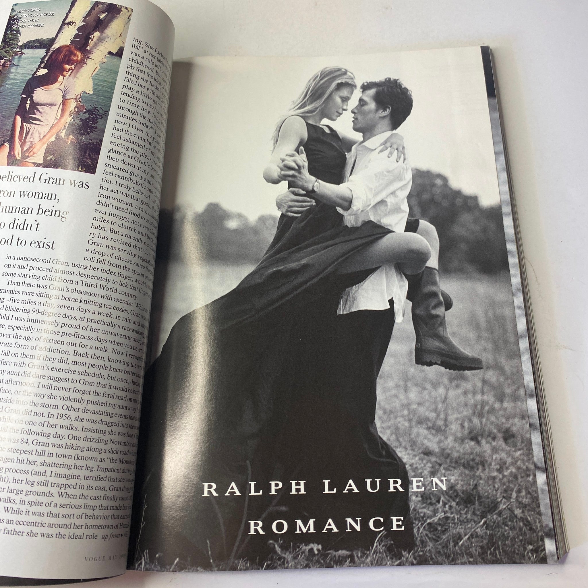 Black and white editorial photograph from Vogue Magazine May 1999 depicting a couple in formal attire, representing Ralph Lauren Romance and capturing classic fashion moments.