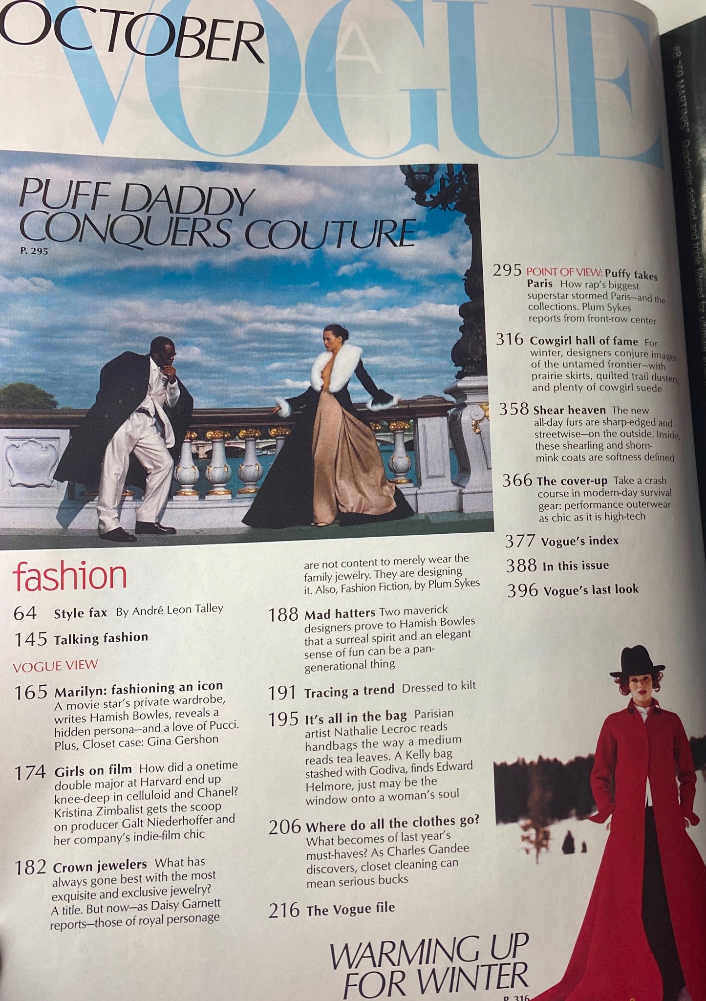 Interior page from Vogue Magazine October 1999, featuring a fashion editorial titled 'Puff Daddy Conquers Couture' and highlights of the issue.