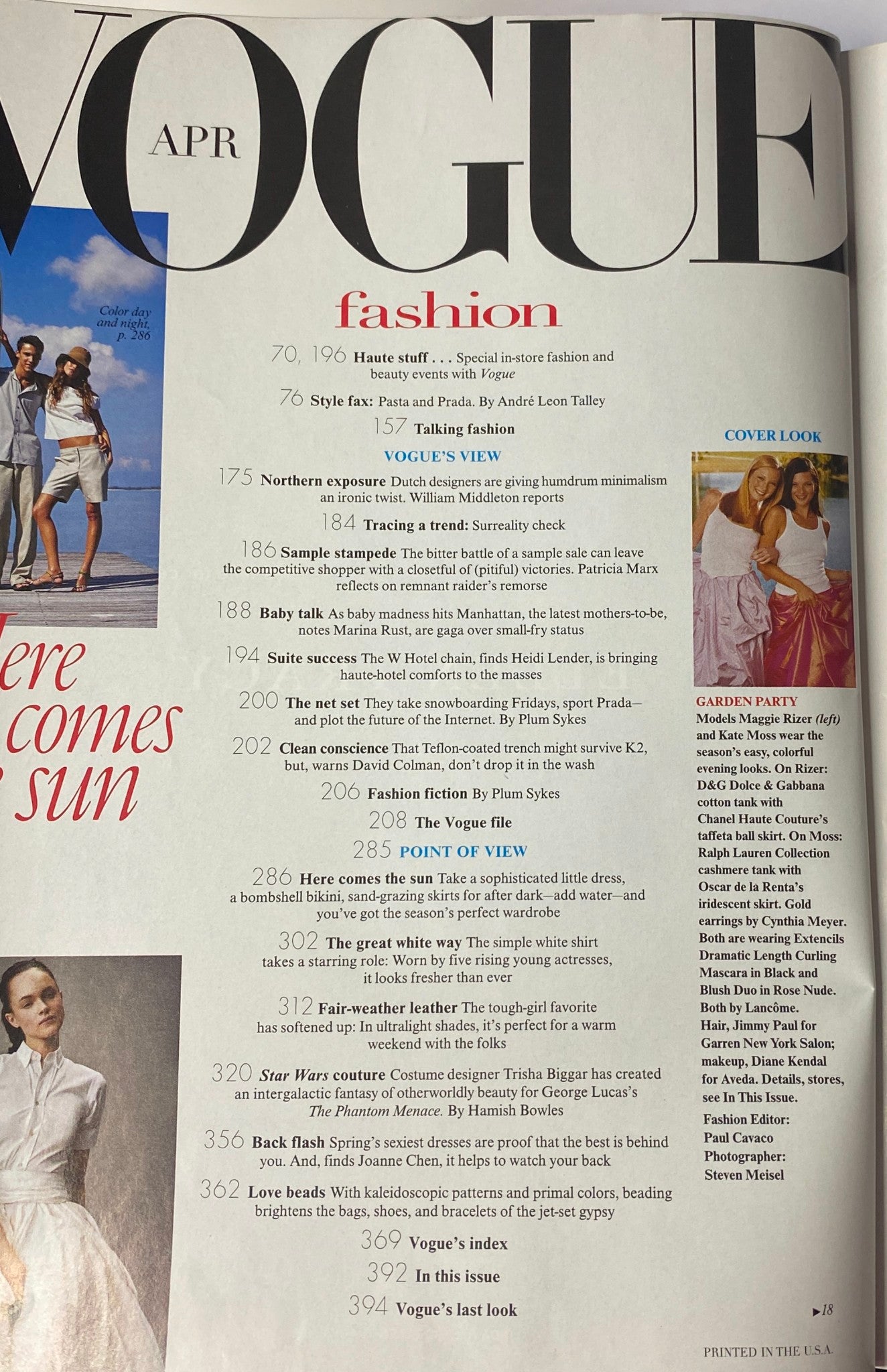 Interior page of Vogue Magazine April 1999 showing the table of contents, featuring sections on fashion and design.