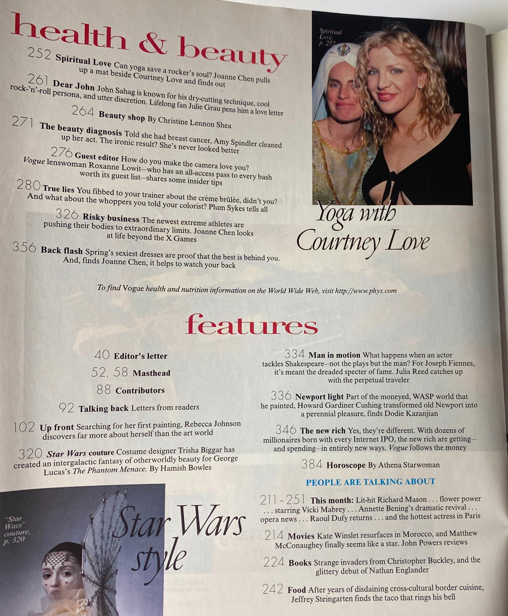 Health and beauty section from Vogue Magazine April 1999, featuring articles including yoga with Courtney Love and other related features.