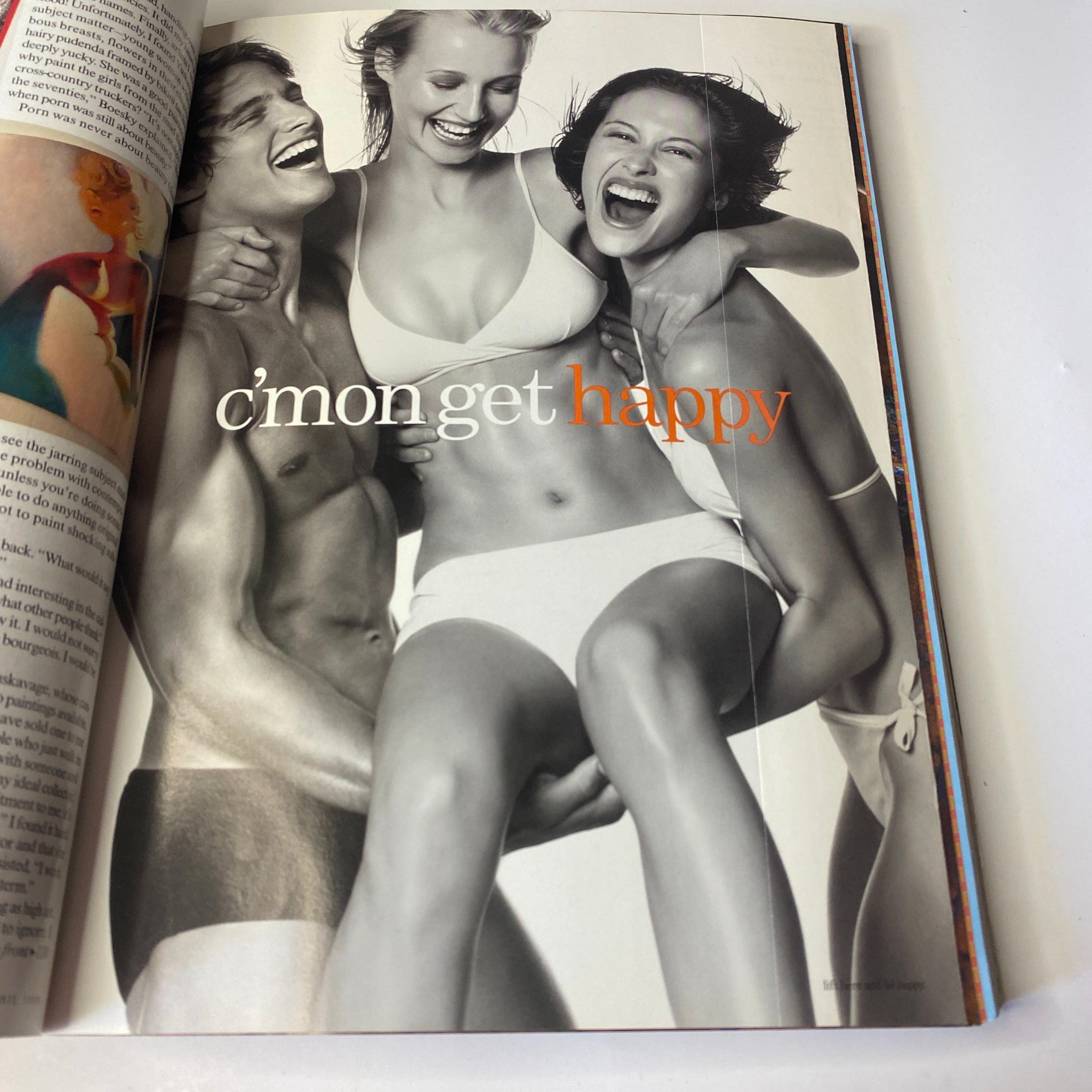 Vogue Magazine April 1999 image showcasing three models joyfully posing in swimwear, illustrating the carefree spirit of spring and summer fashion.