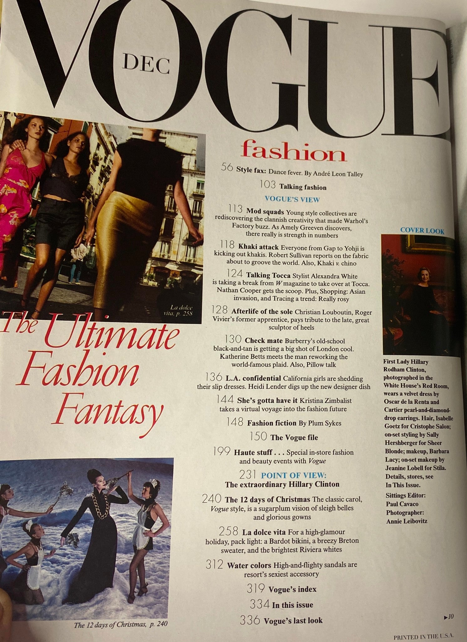 Vogue Magazine December 1998 featuring fashion highlights including 'Style Fax: Dance Fever' by André Leon Talley. Cover showcasing holiday glamour and cultural reporting.