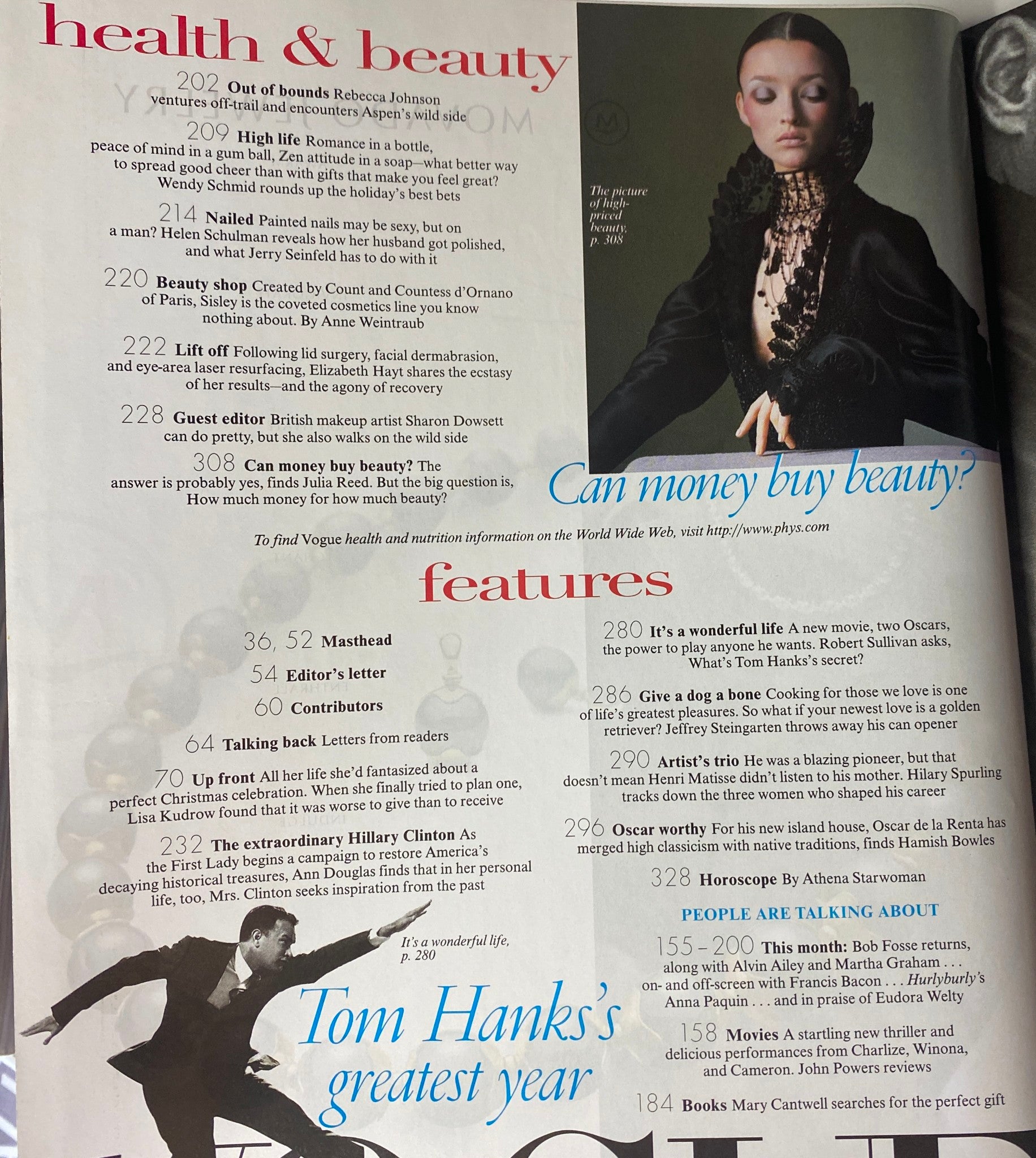 Vogue Magazine December 1998 health and beauty section featuring articles on seasonal beauty and Tom Hanks' success. Cover story on Hillary Clinton and holiday themes.