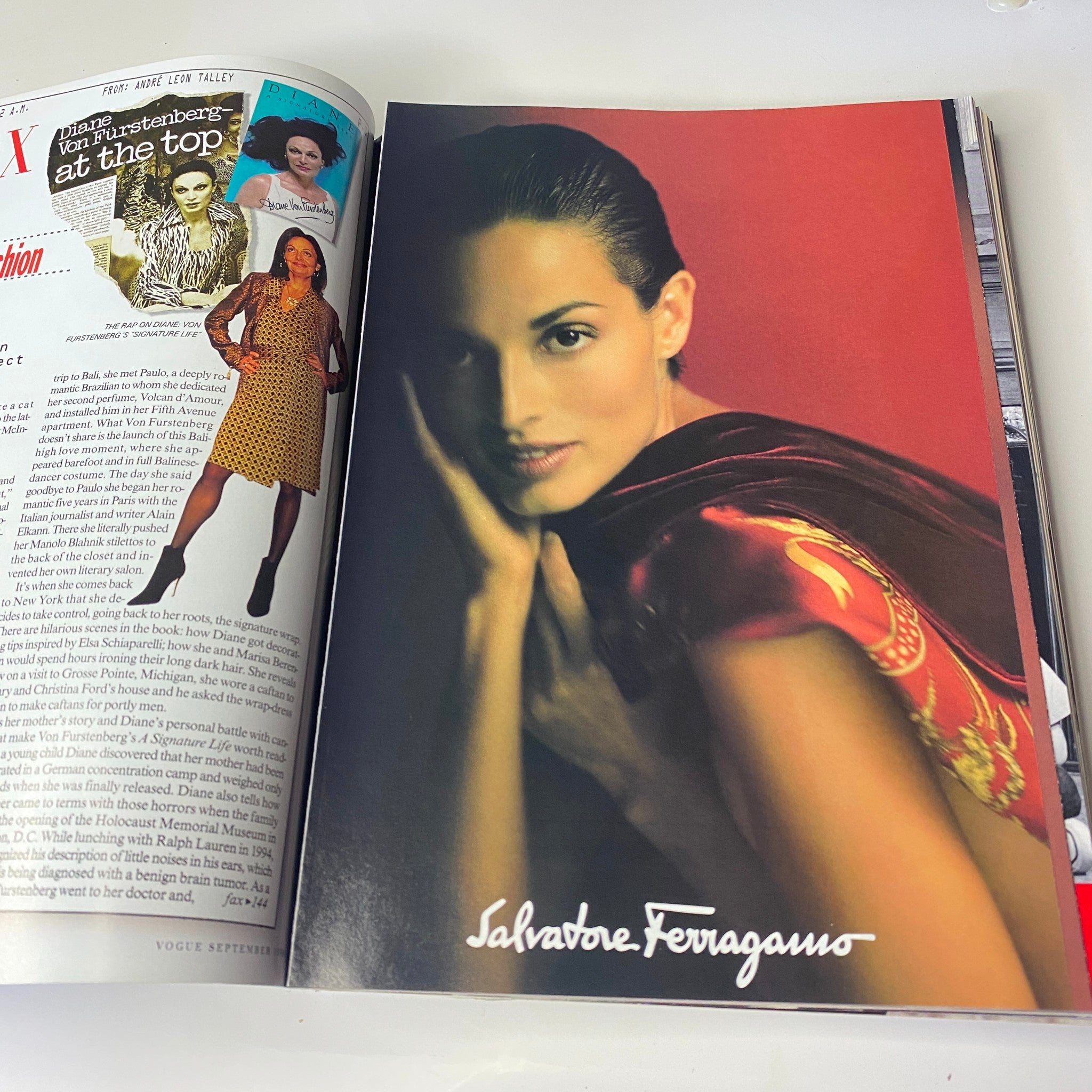 Vogue Magazine September 1998 displaying a striking advertisement for Salvatore Ferragamo featuring a model in elegant fashion.