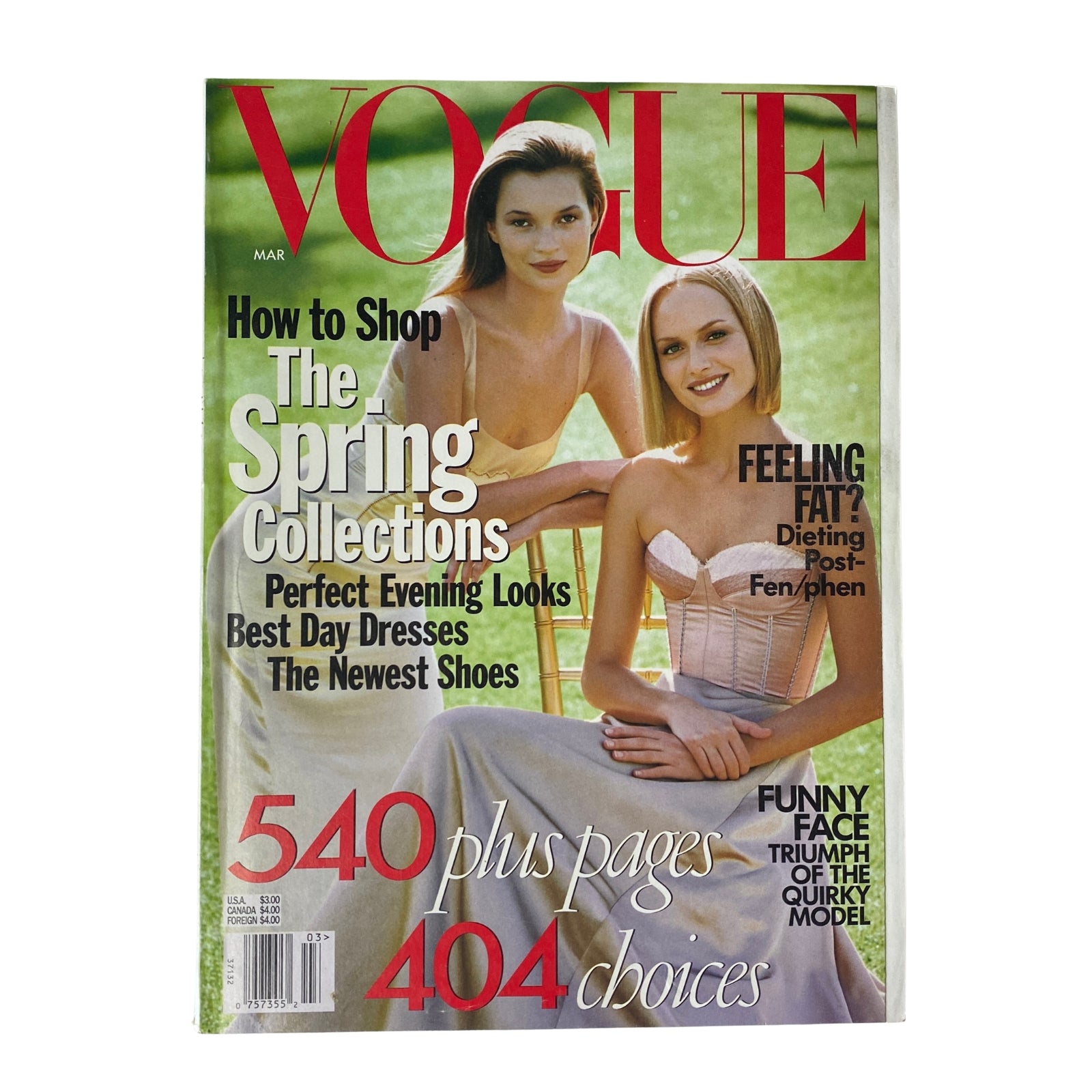 Cover of Vogue Magazine March 1998 featuring supermodels Kate Moss and Amber Valletta, showcasing fashion trends and styles for the spring. The magazine is in very good condition, highlighting key articles on beauty and culture.